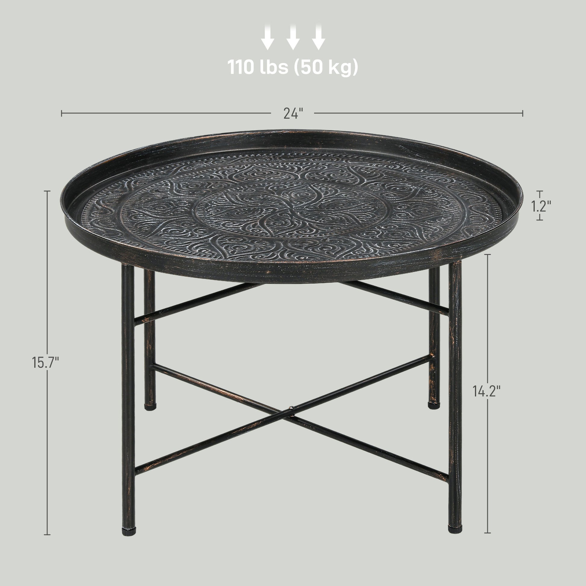 Antique bronze round tray table with intricate embossed pattern  wide