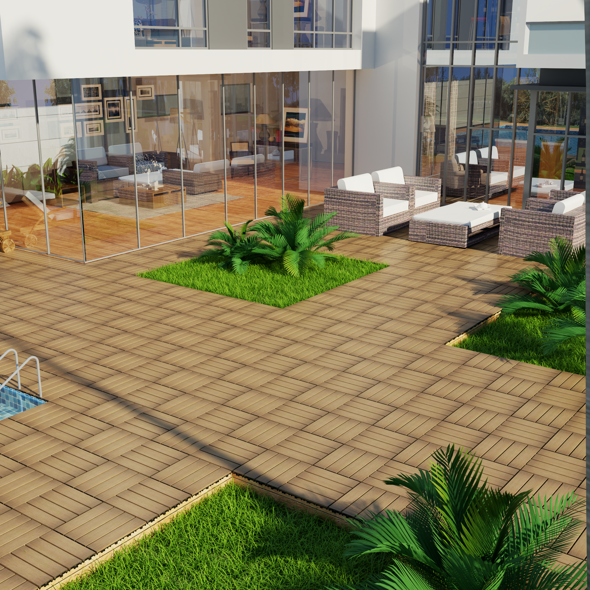 Wicker patio furniture set with white cushions and a coffee table