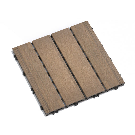 Brown composite decking tiles with interlocking base wood grain texture