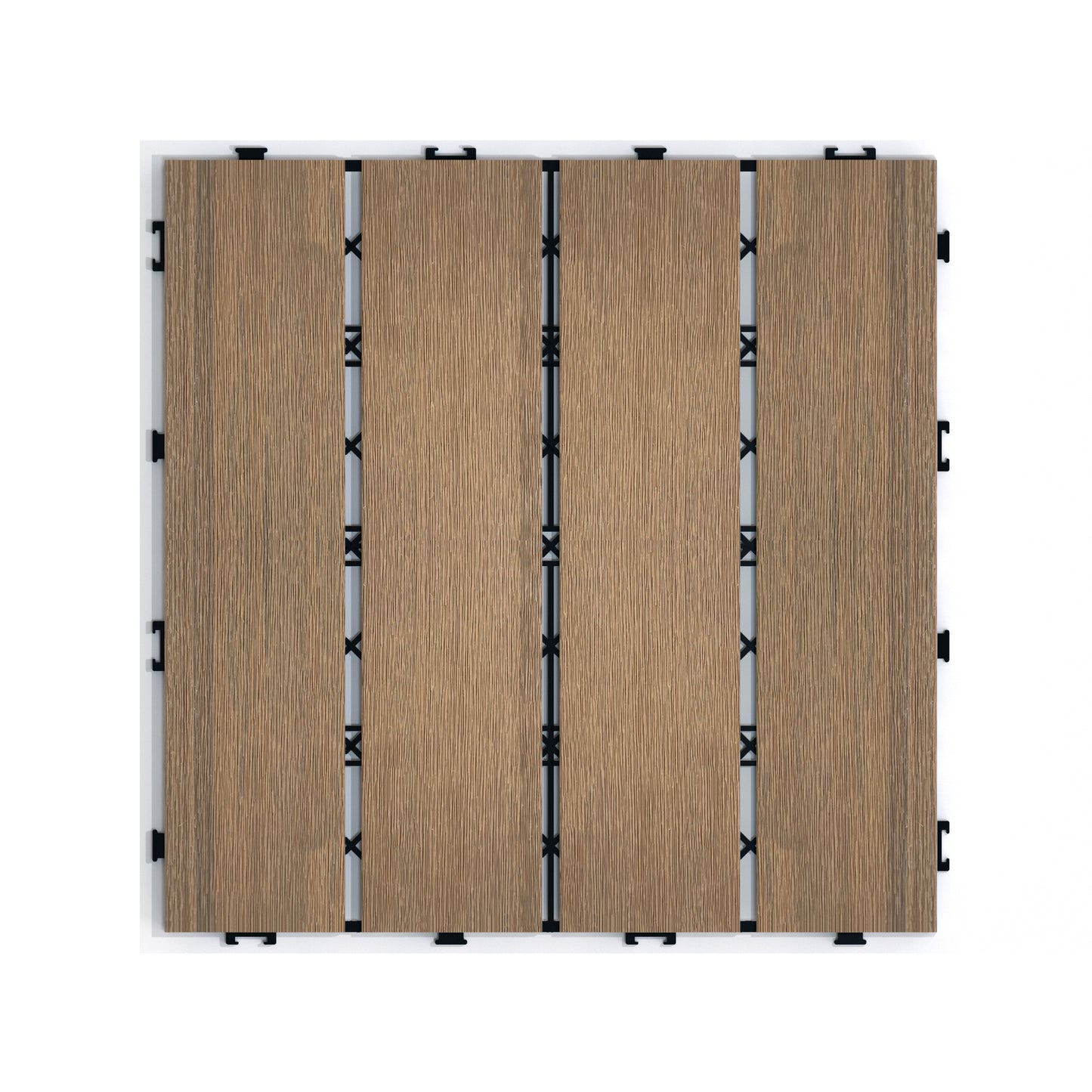 Four interlocking woodlook composite deck tiles with dark connectors showcasing a natural oak finish