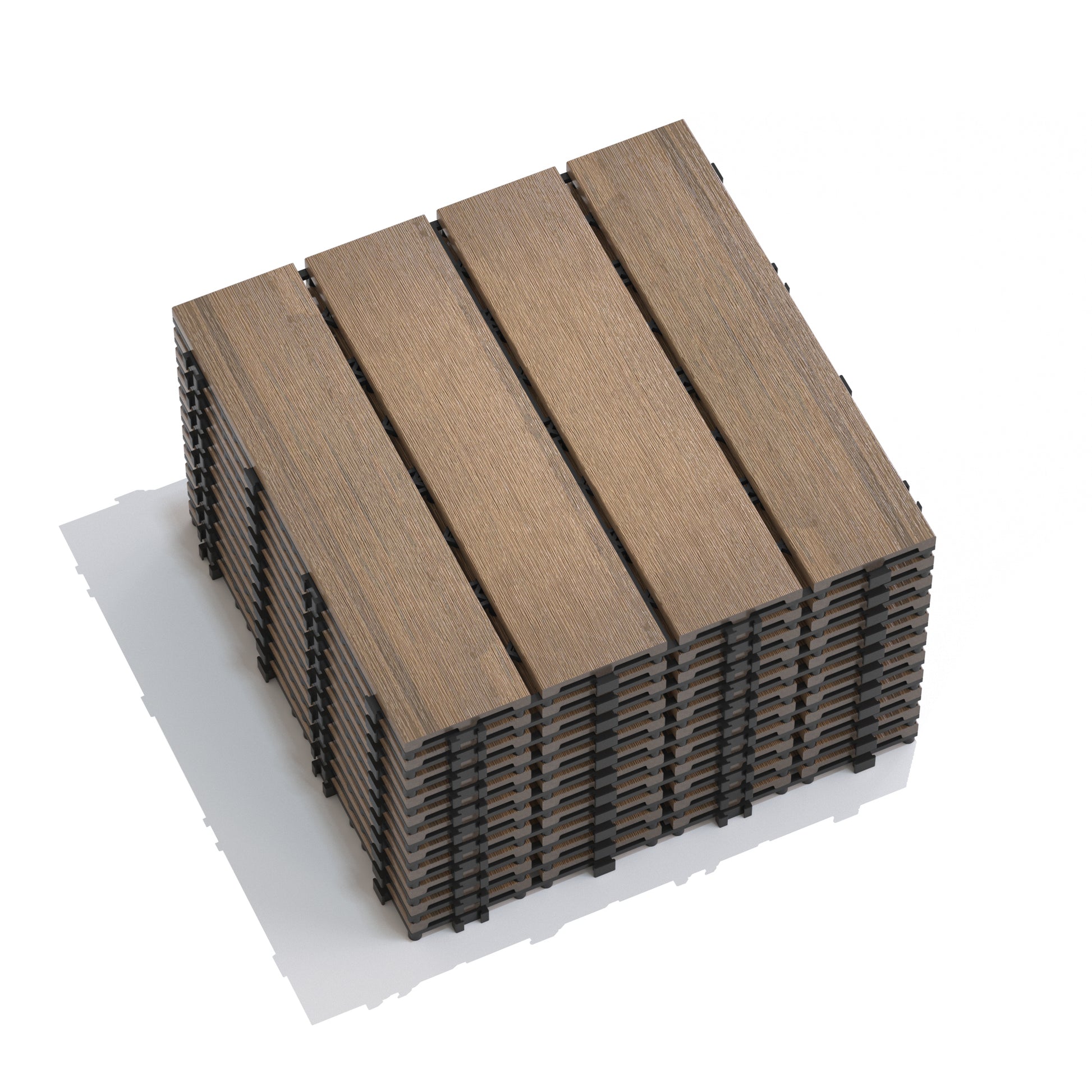 Stack of brown interlocking composite deck tiles with textured wood grain finish