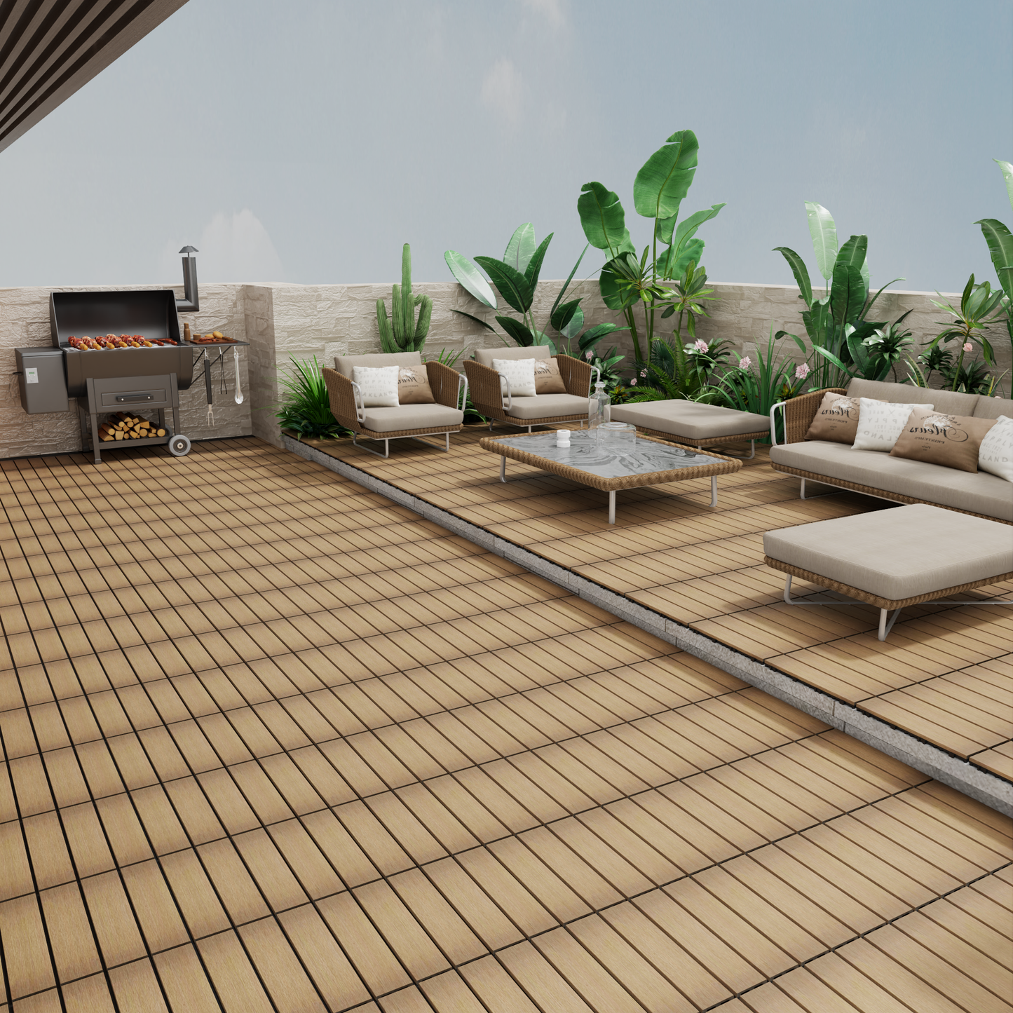 Outdoor charcoal grill with skewers of meat and sausages cooking modern patio design
