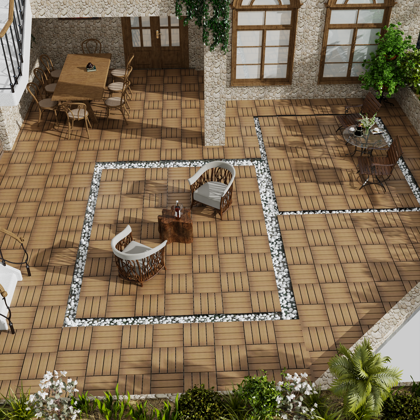 Rustic oak wood deck tiles with a natural grain pattern for outdoor patios