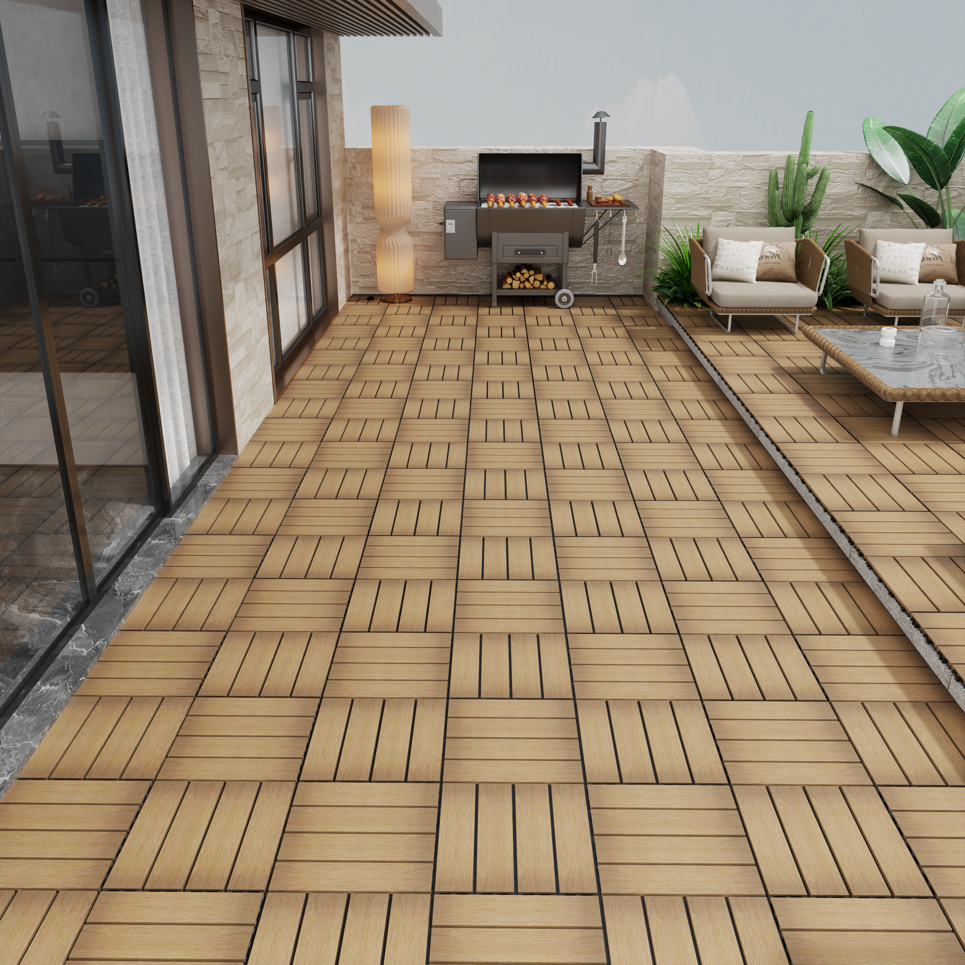 Brown wooden deck tiles with a natural wood grain finish laid in a basketweave pattern