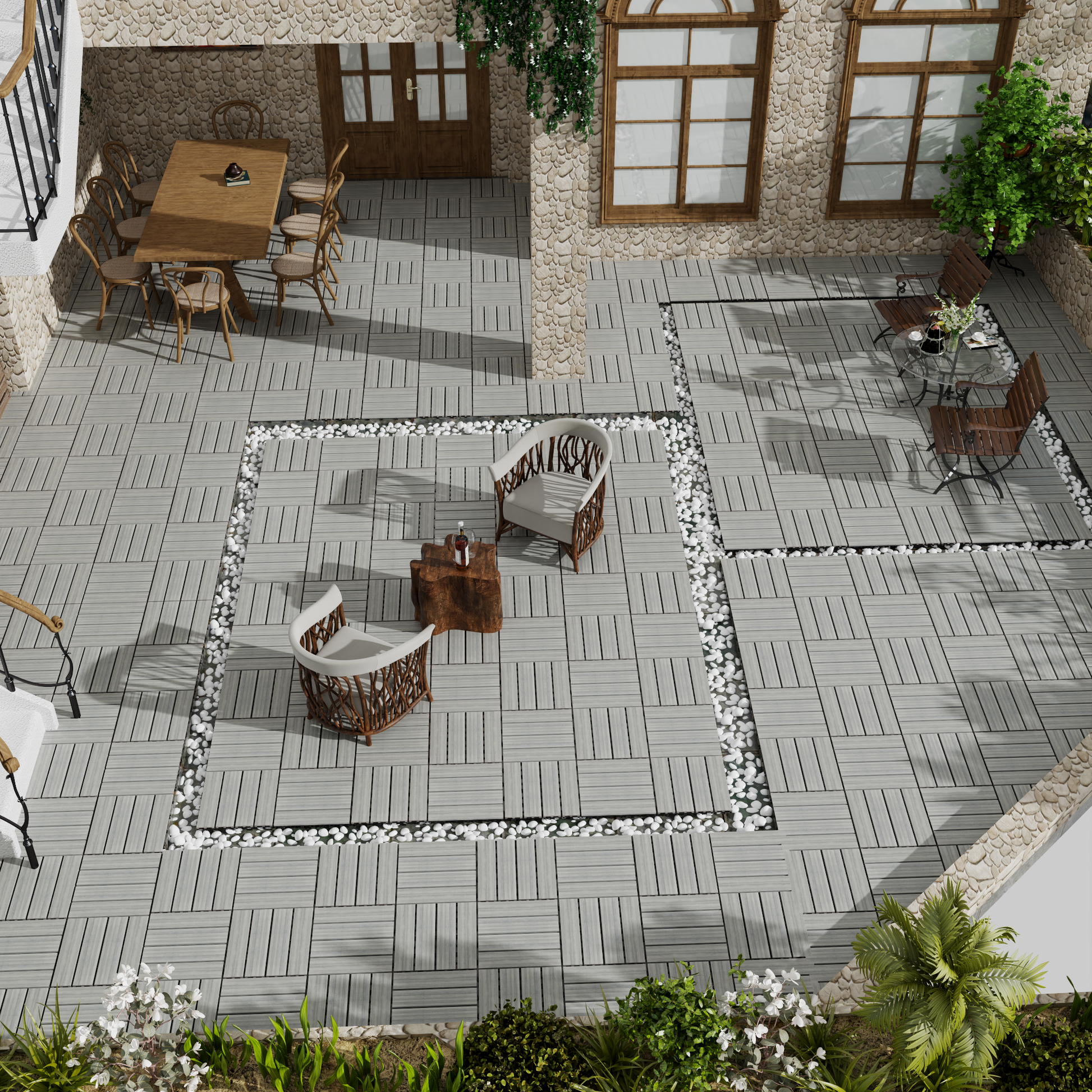 Gray wood composite deck tiles creating a modern outdoor patio for relaxation and entertainment
