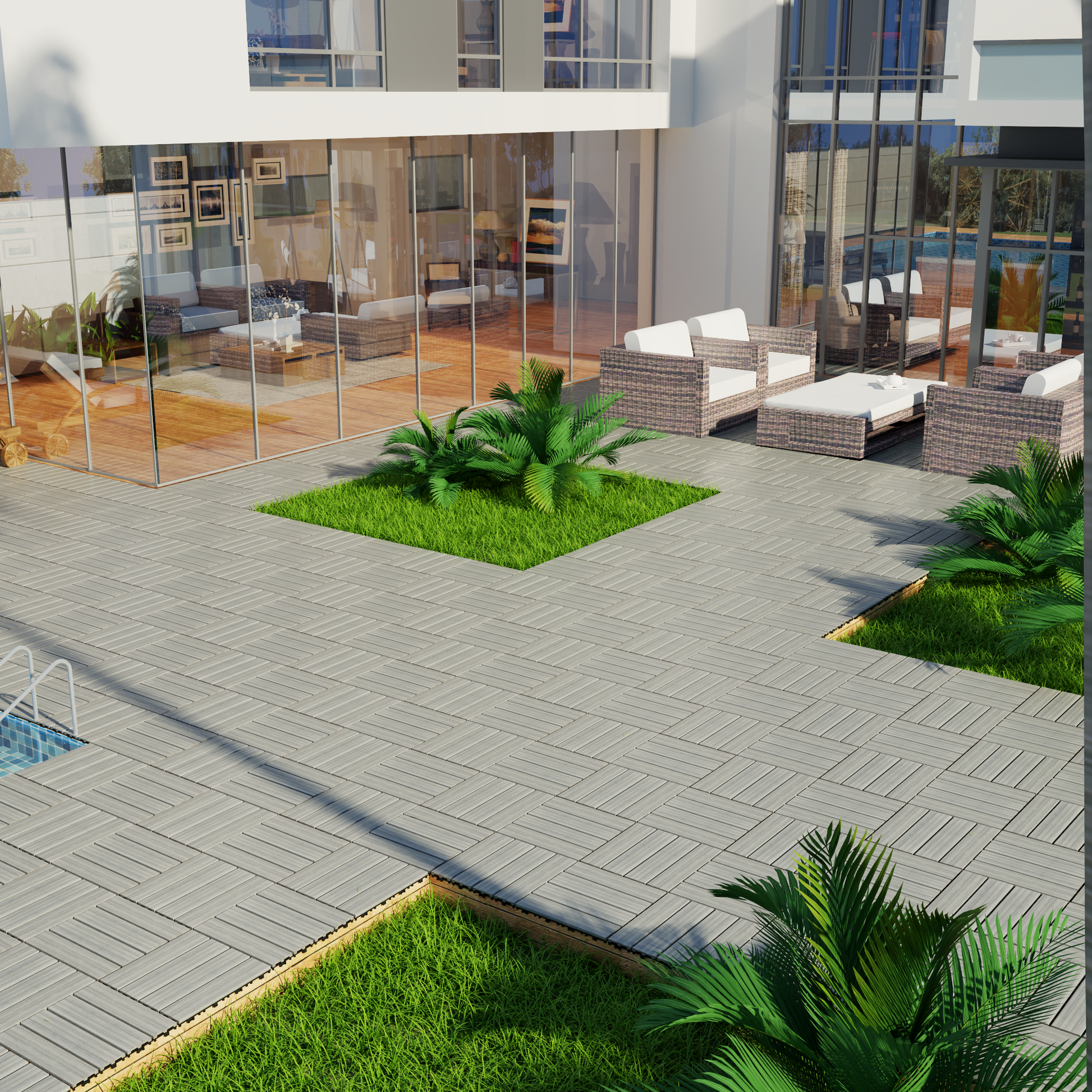 Gray interlocking deck tiles with a modern diamond pattern for outdoor patios