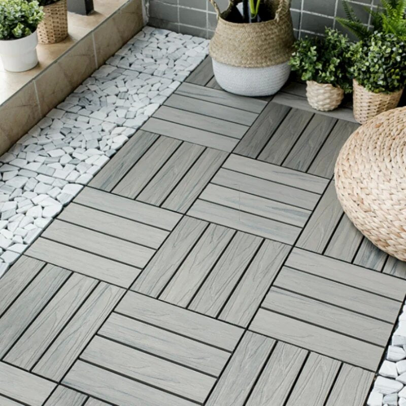 Weathered gray woodlook interlocking deck tiles for outdoor patios and balconies