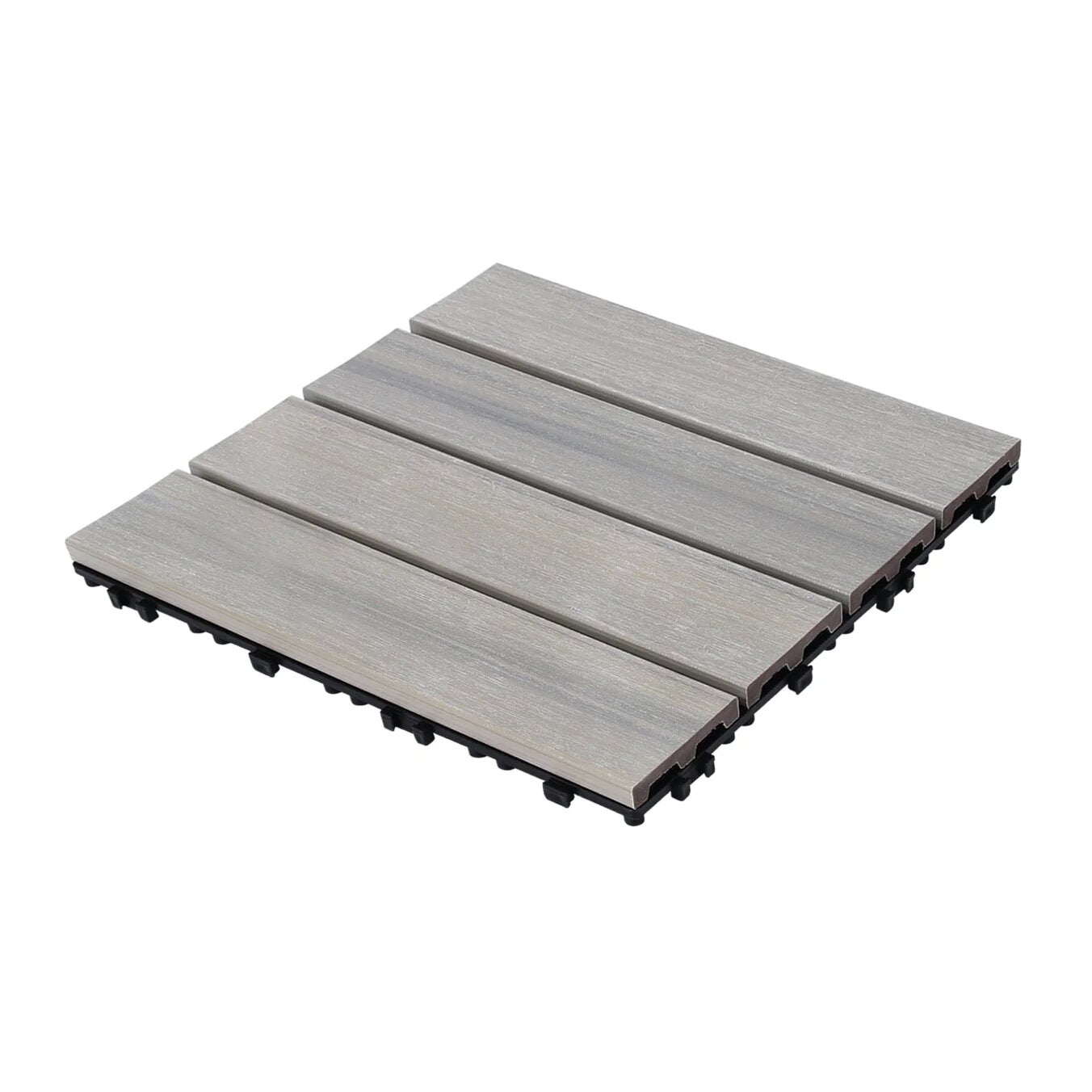 Four interlocking grey wood composite deck tiles with a natural grain texture for outdoor patios