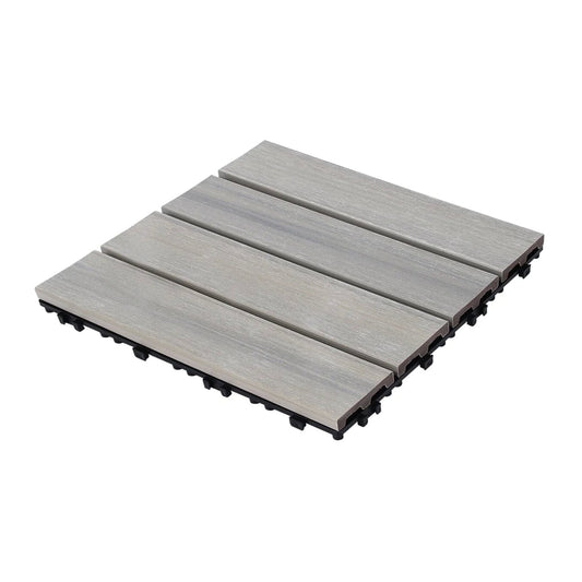 Four interlocking grey wood composite deck tiles with a natural grain texture for outdoor patios
