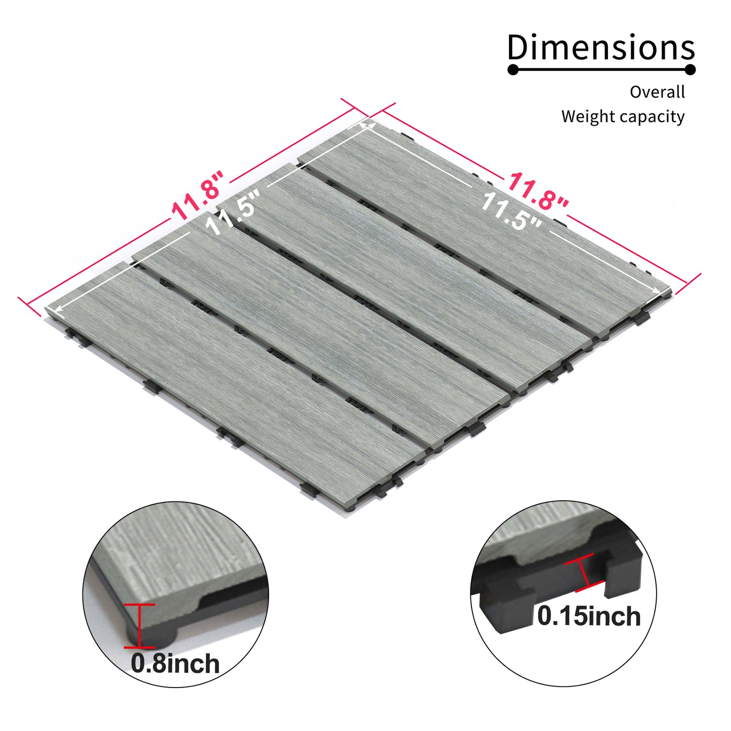 Closeup of interlocking gray composite deck tiles showing inch dimensions