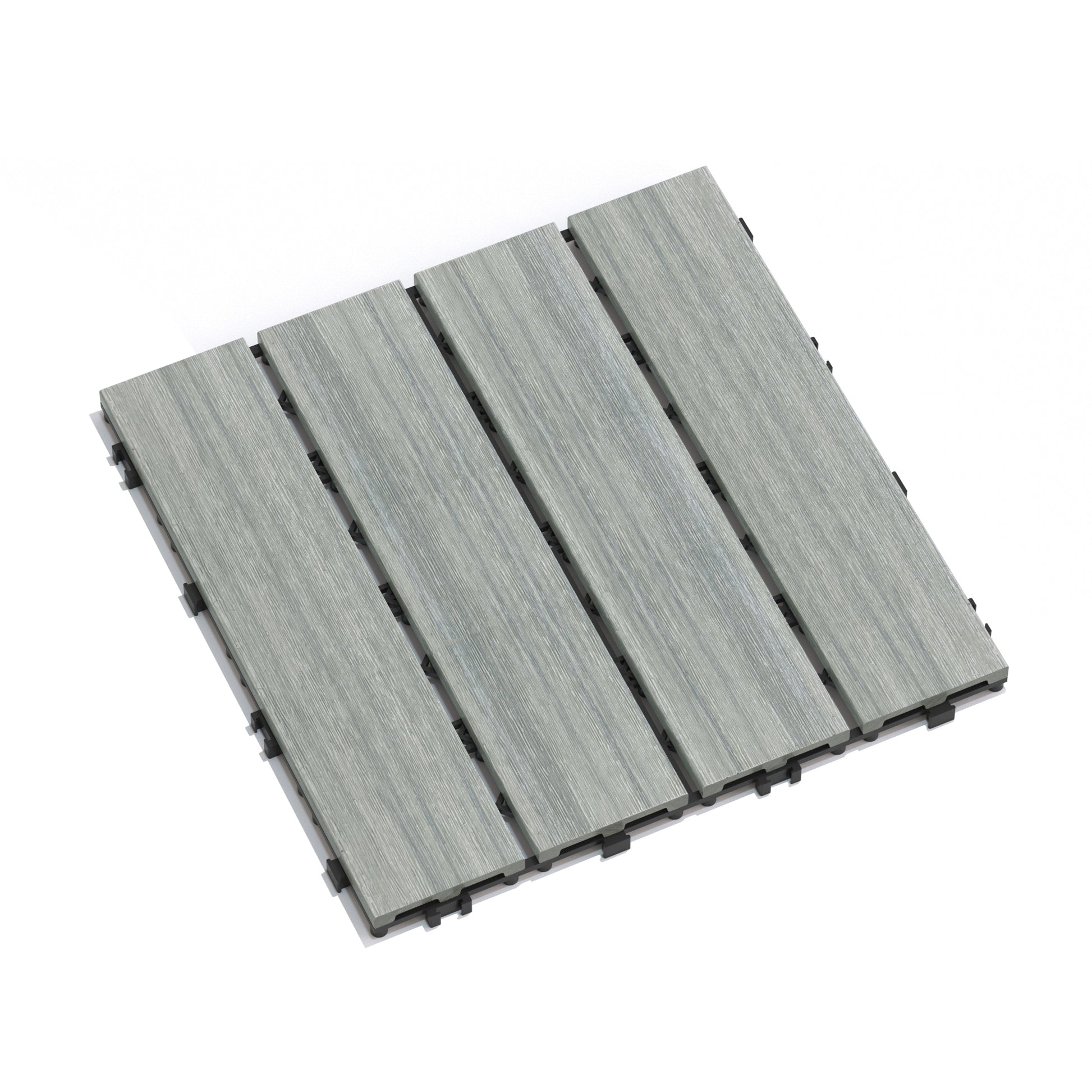 Four interlocking grey composite deck tiles with a wood grain texture for outdoor flooring