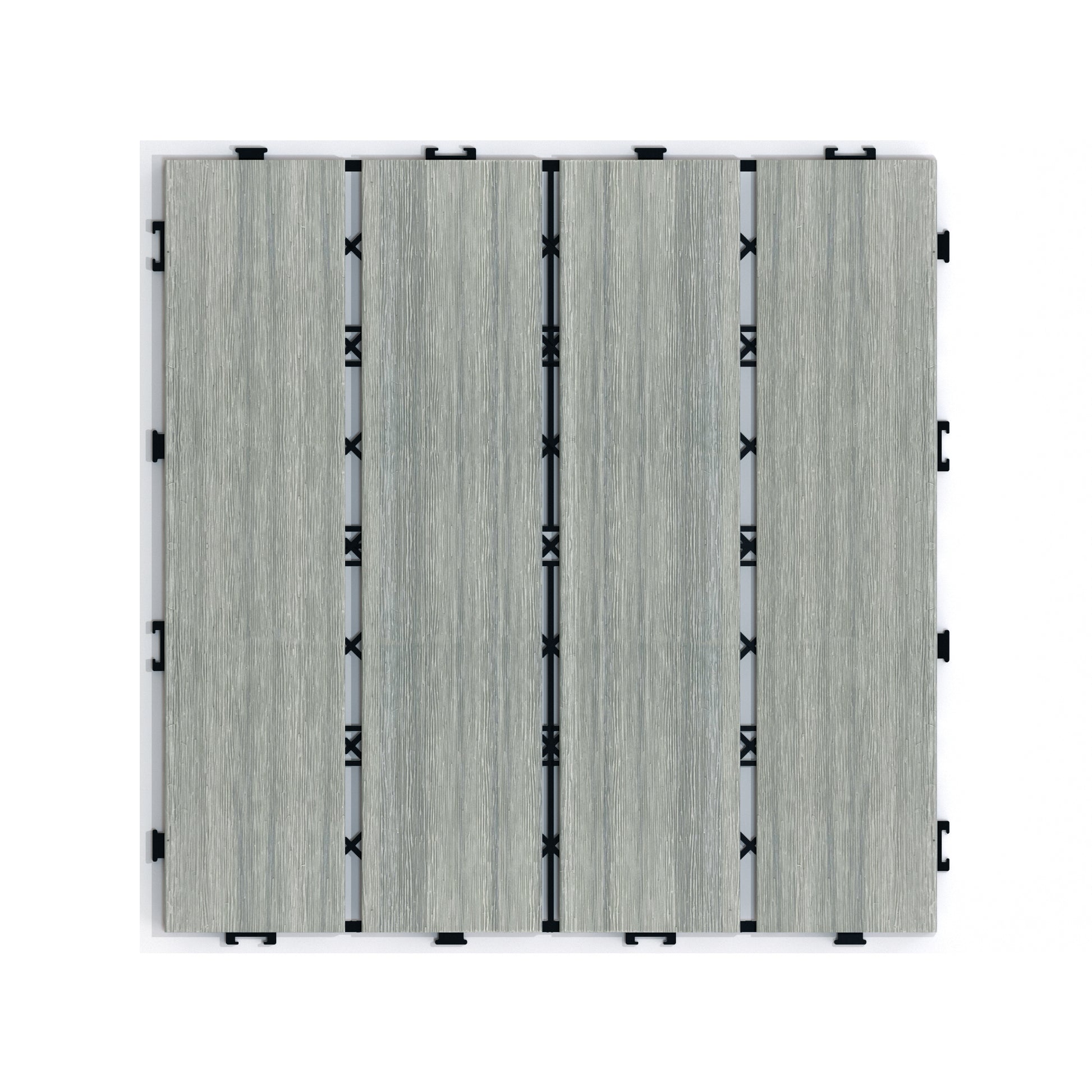Four interlocking grey woodlook outdoor deck tiles with a textured grain pattern
