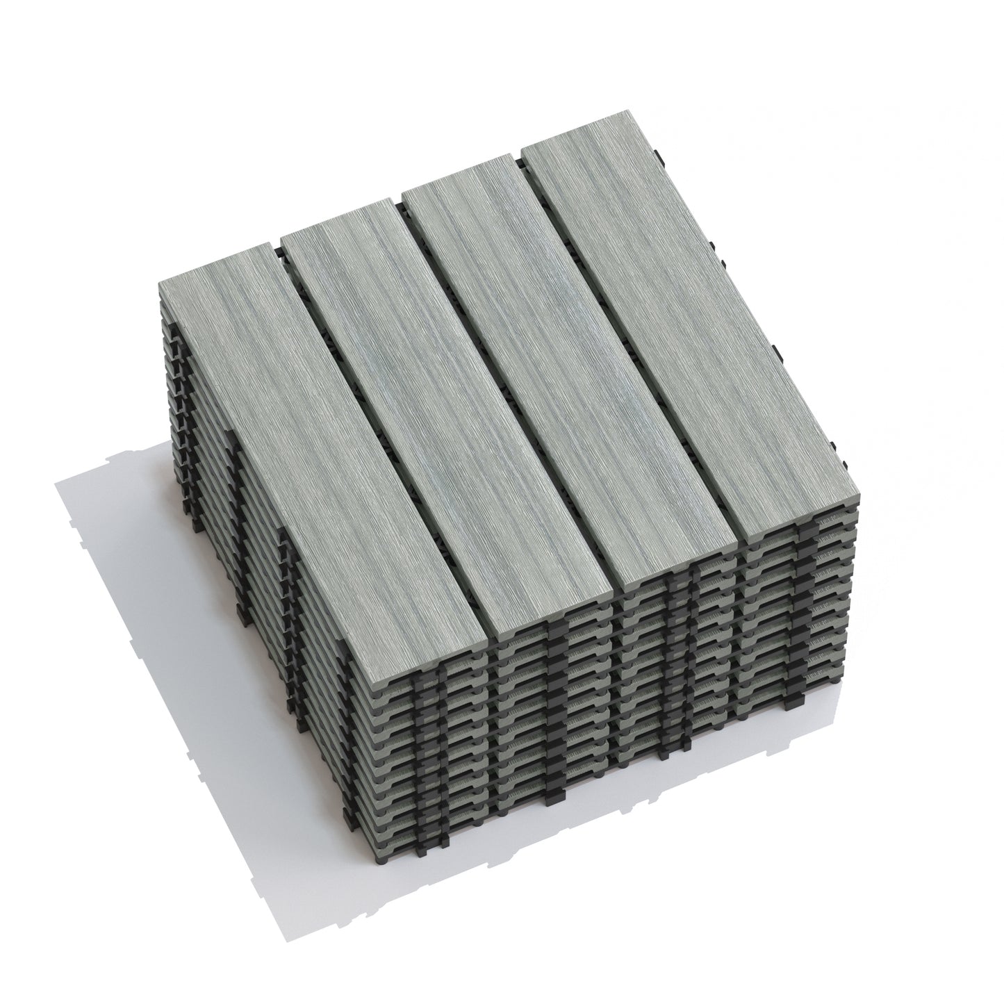 Stack of grey interlocking deck tiles with wood grain texture suitable for outdoor flooring