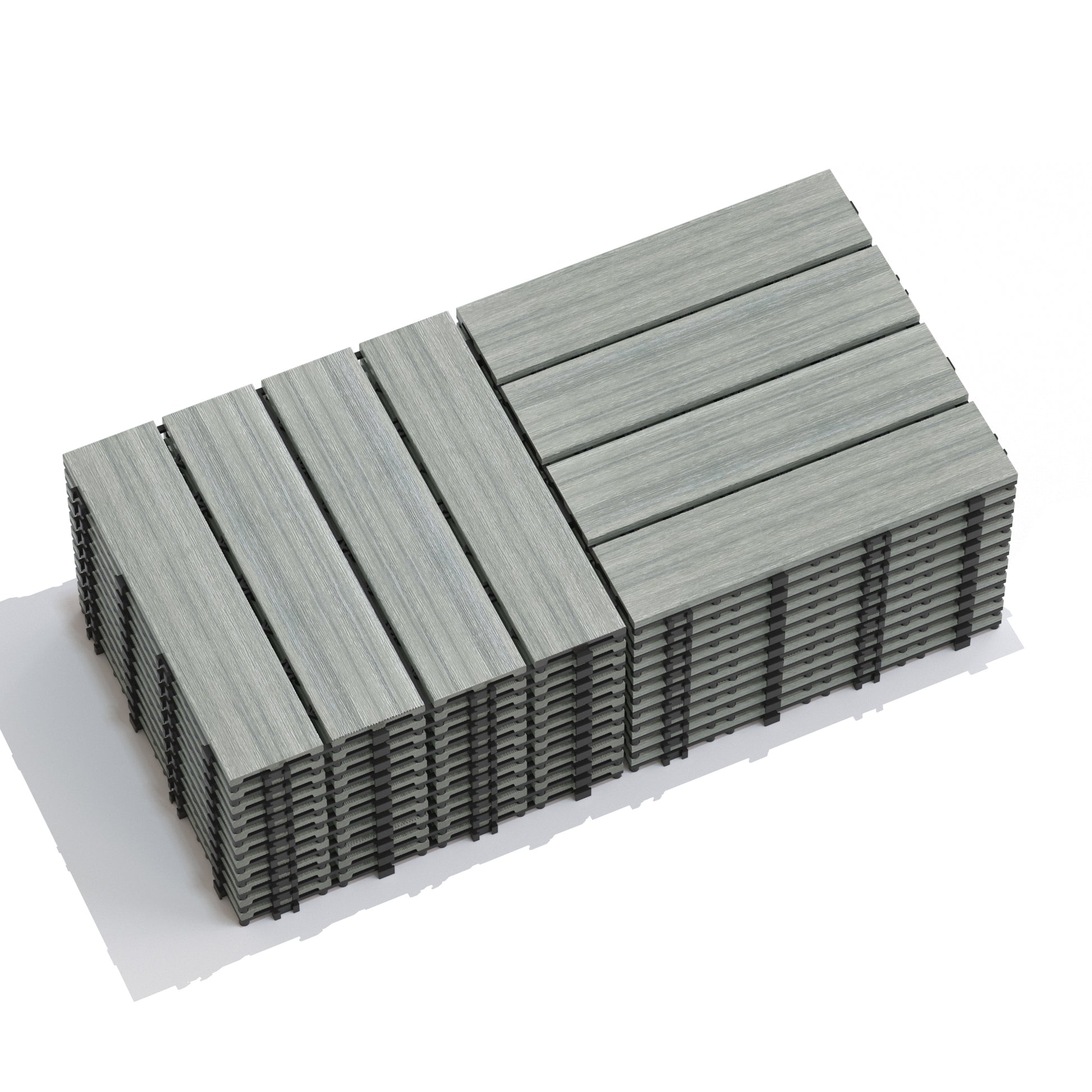 Stack of grey composite decking tiles with wood grain texture