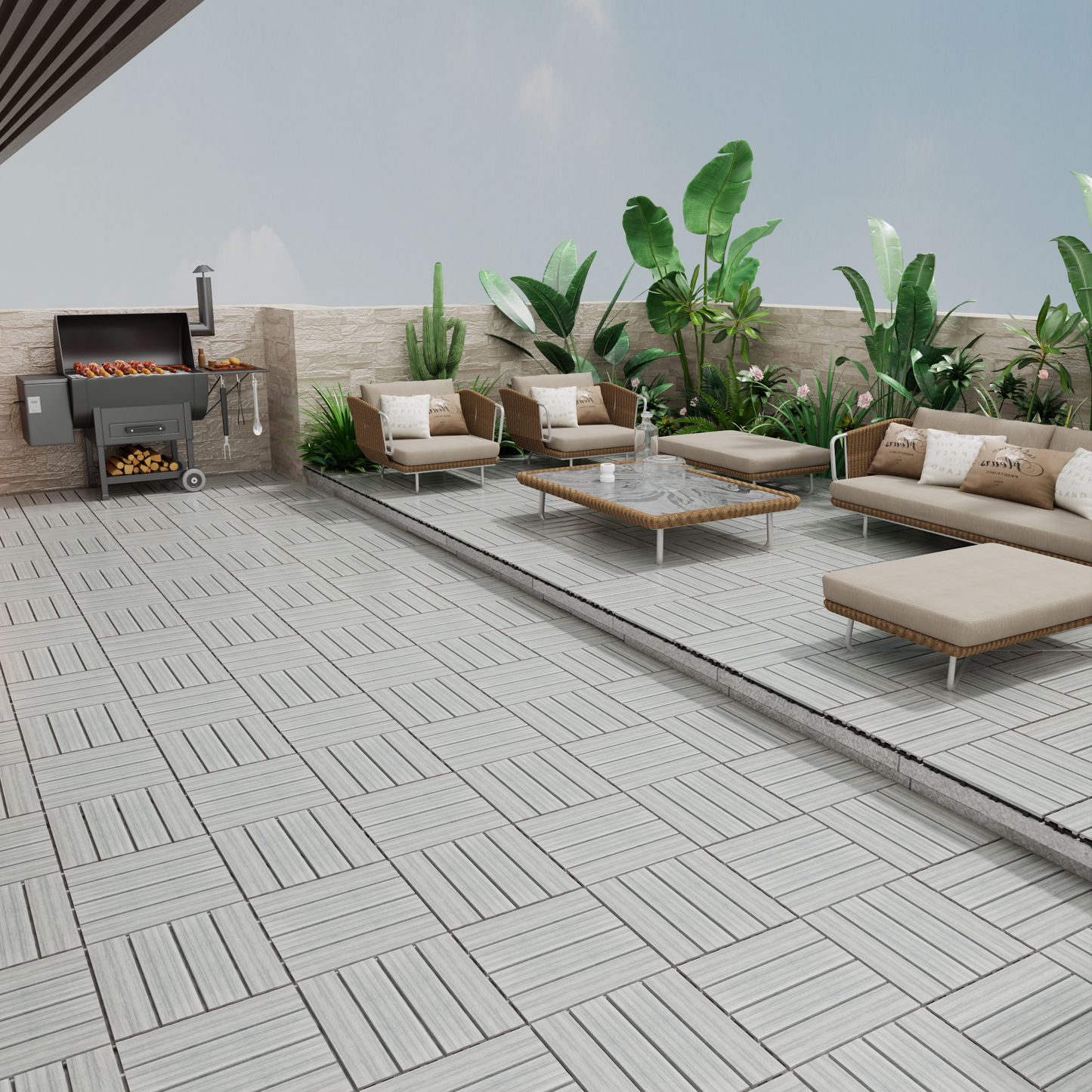 Charcoal grill with skewers of meat and sausages cooking outdoor patio setting