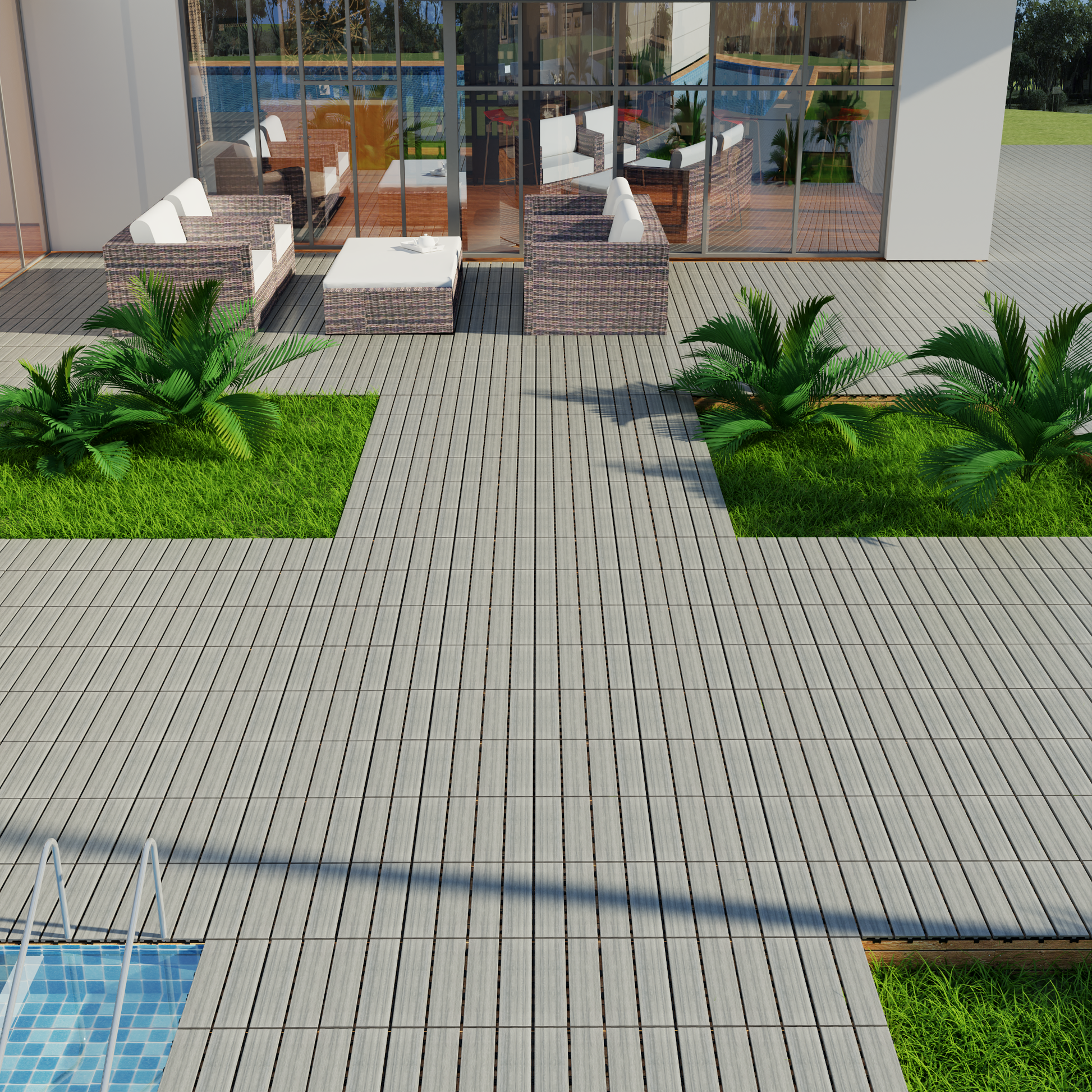 Wicker patio sofa with white cushions and a matching coffee table set