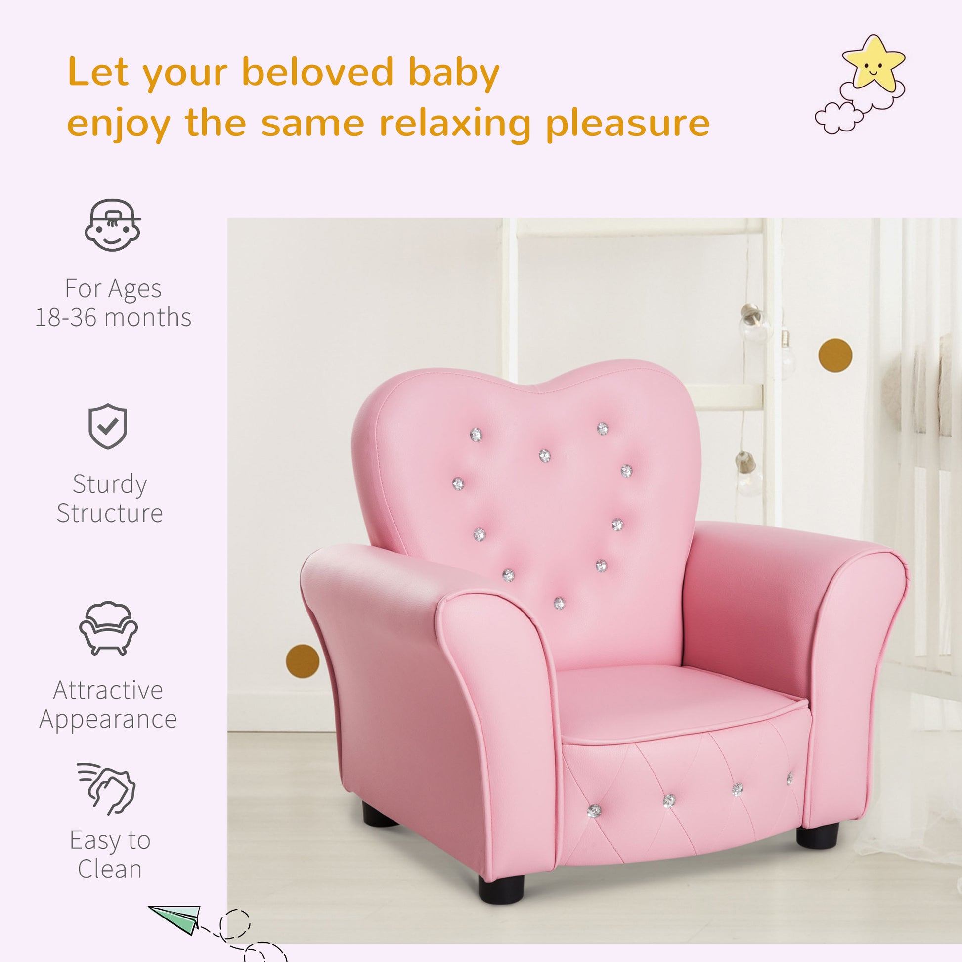 Pink heartshaped upholstered kids armchair with rhinestone buttons and diamond stitching