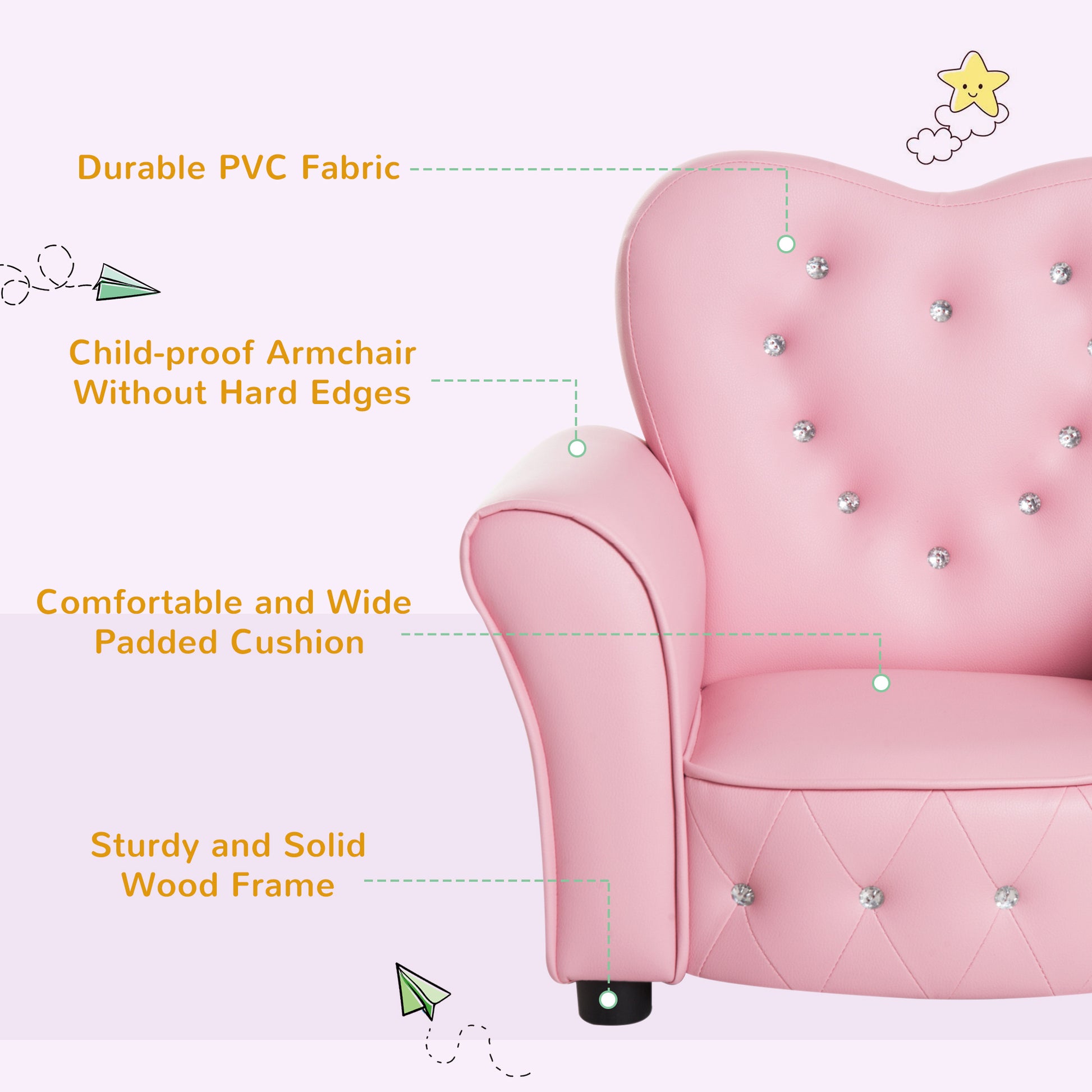 Pink childrens armchair with diamondtufted upholstery and crystal accents