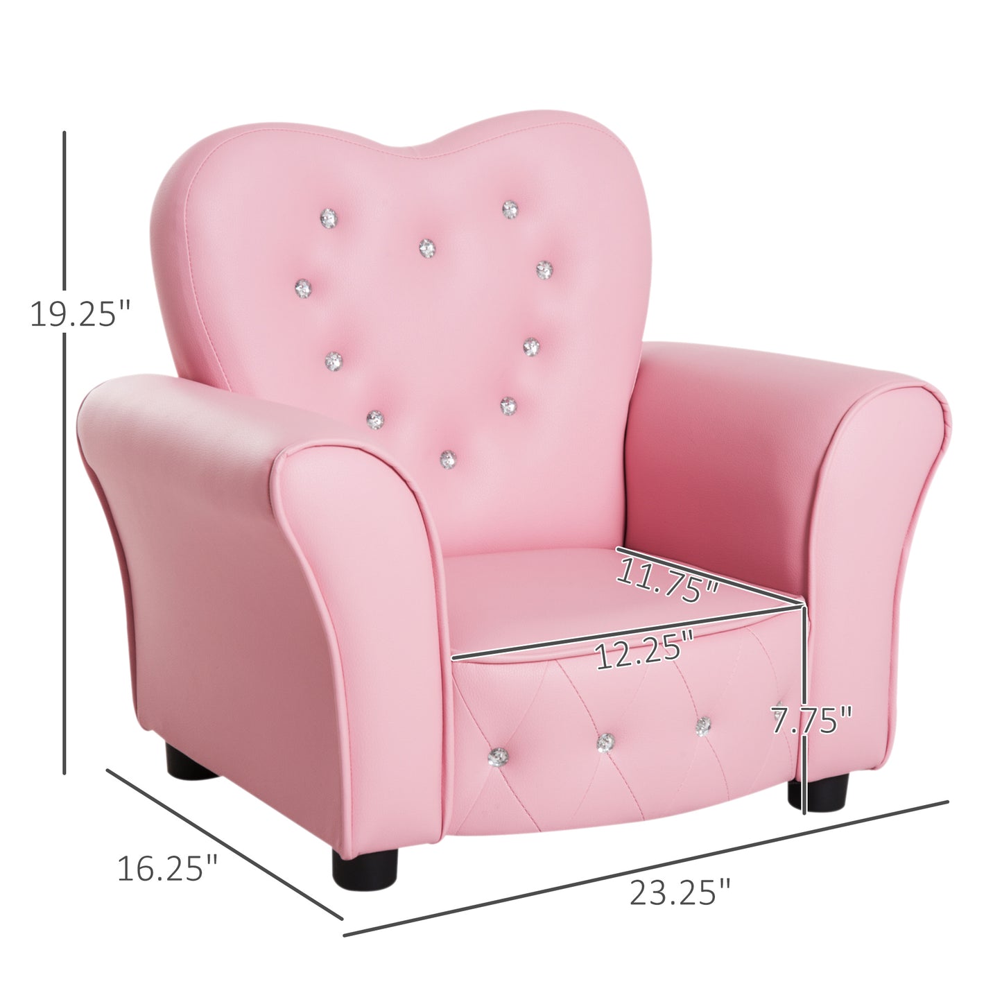 Pink tufted toddler armchair with crystal accents and heartshaped back
