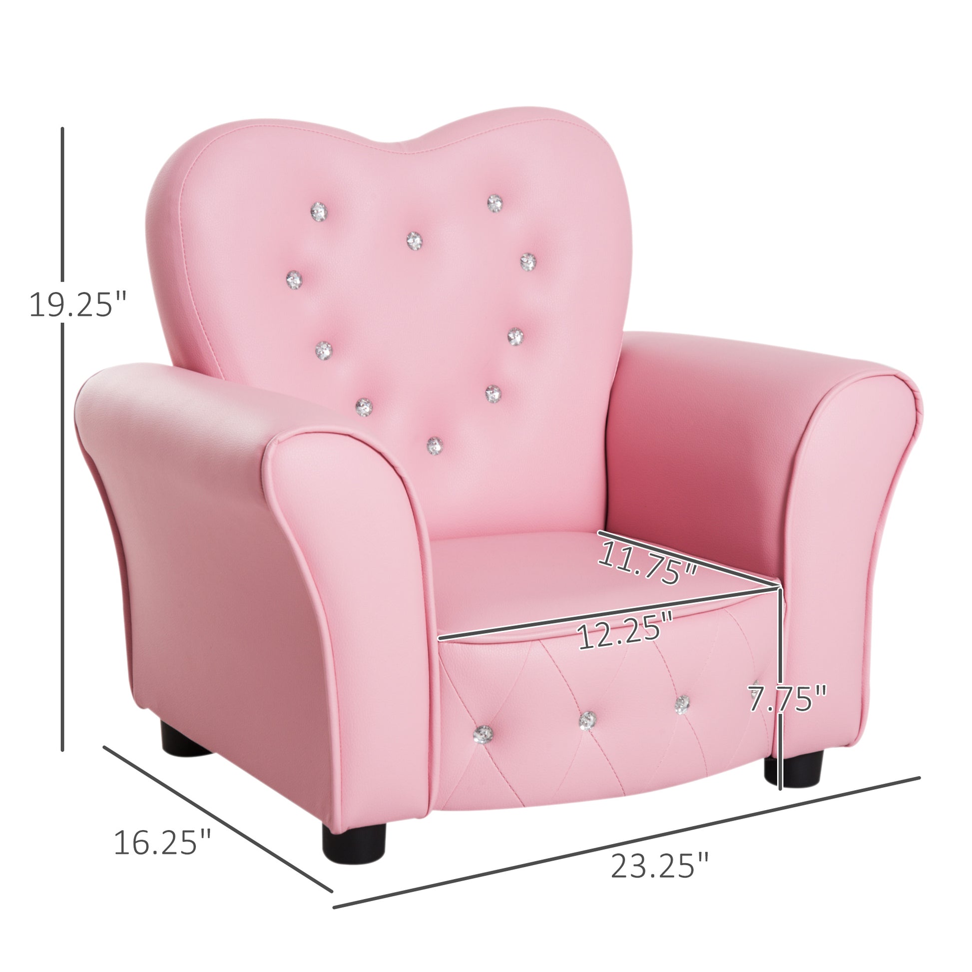 Pink tufted toddler armchair with crystal accents and heartshaped back