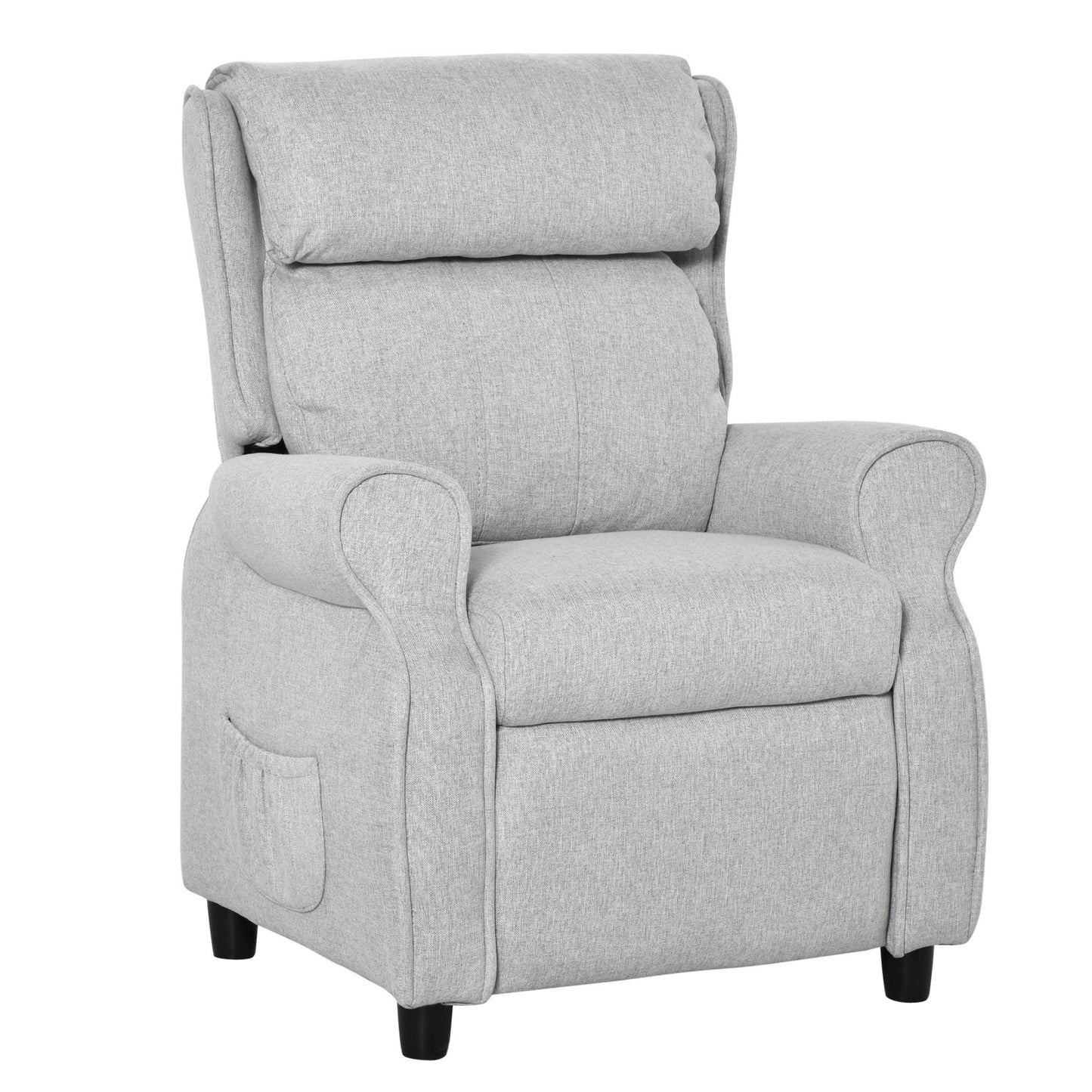 Light gray fabric recliner chair with plush cushions and convenient side pocket