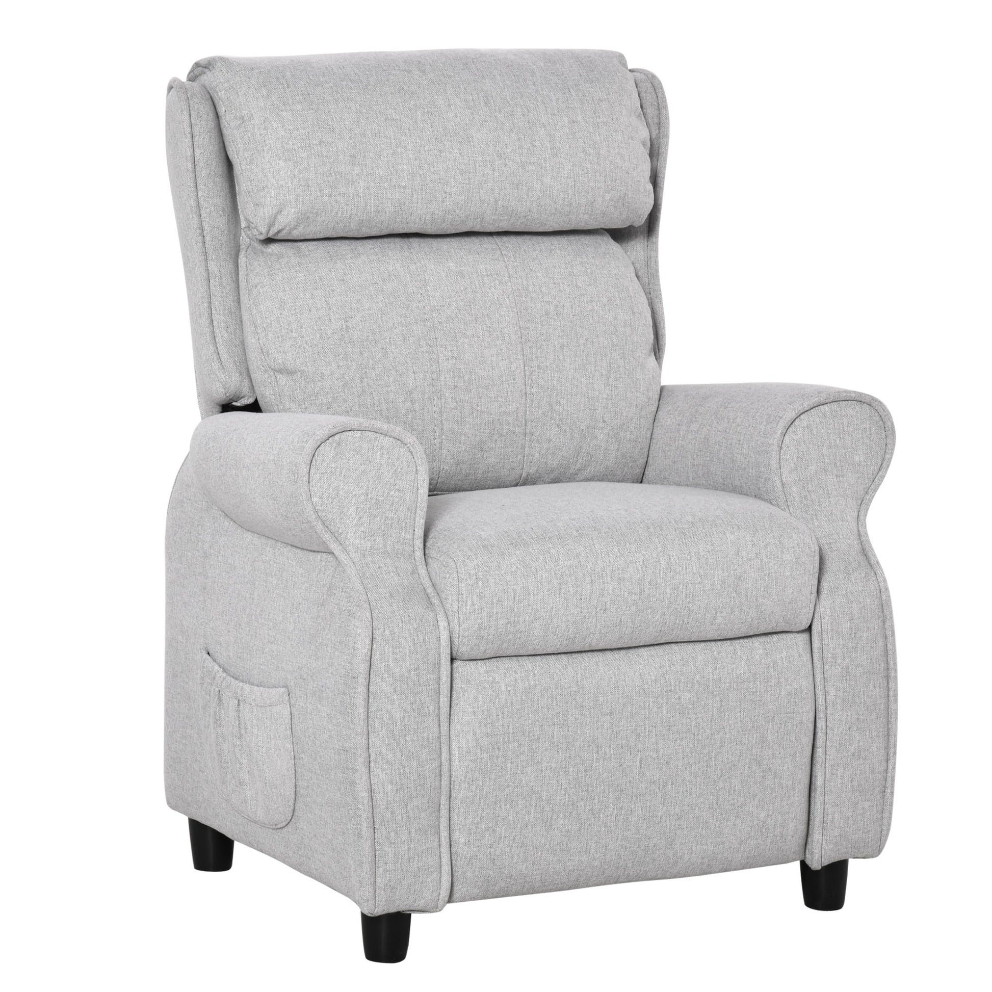 Light gray fabric recliner chair with plush cushions and convenient side pocket