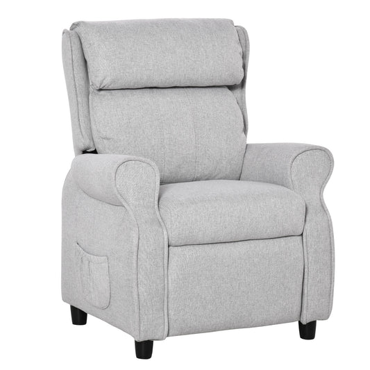 Light gray fabric recliner chair with plush cushions and convenient side pocket