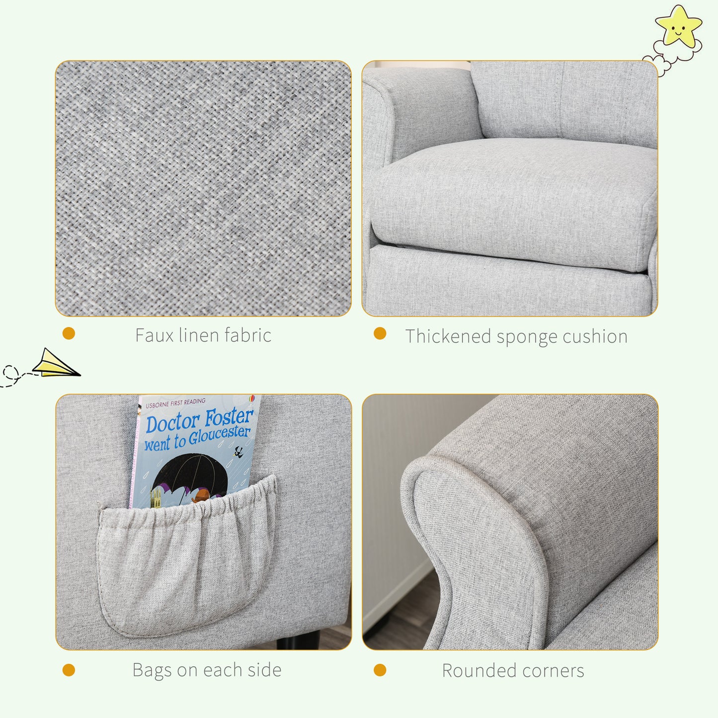 Closeup of light grey faux linen fabric texture on a childrens armchair