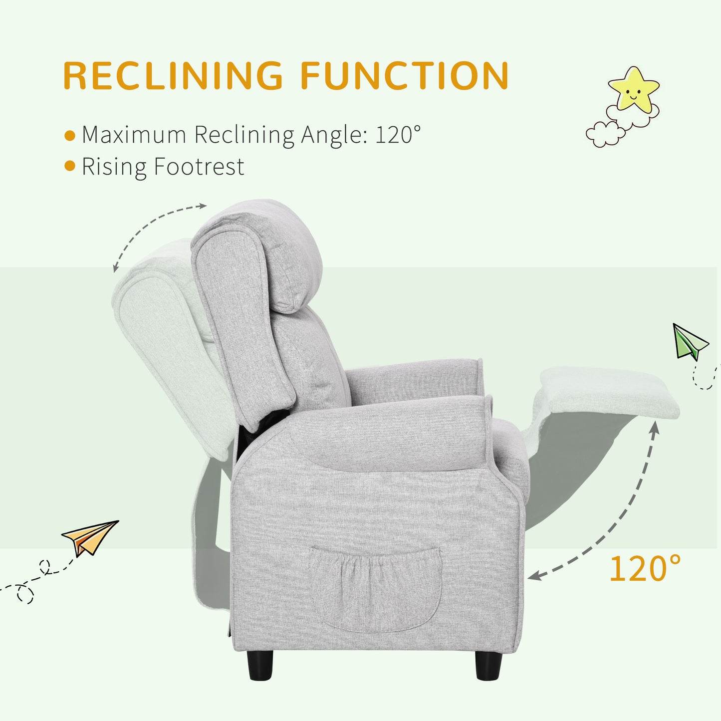 Light grey fabric recliner chair with extended footrest and reclined back
