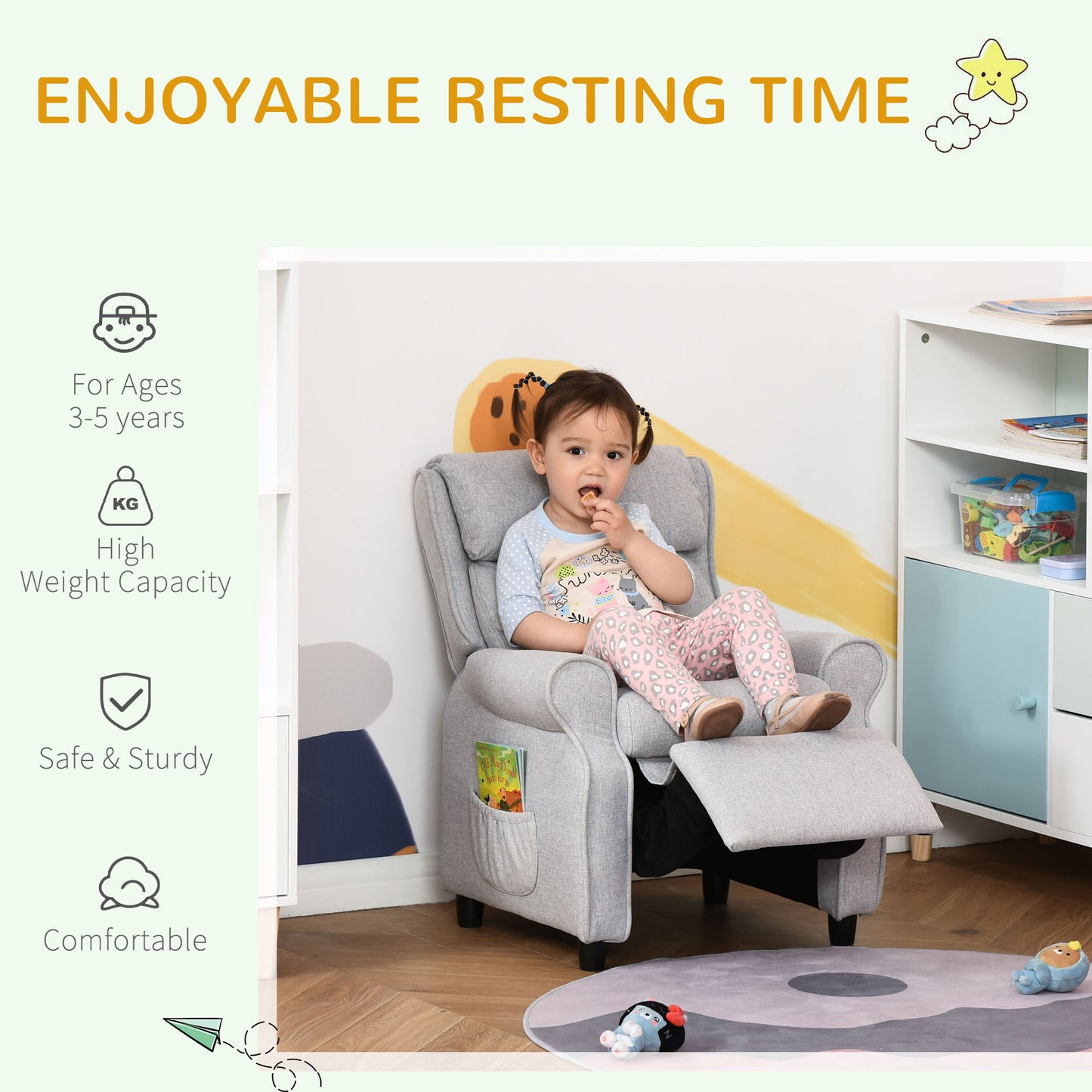 Grey fabric recliner chair for kids with footrest and side pocket