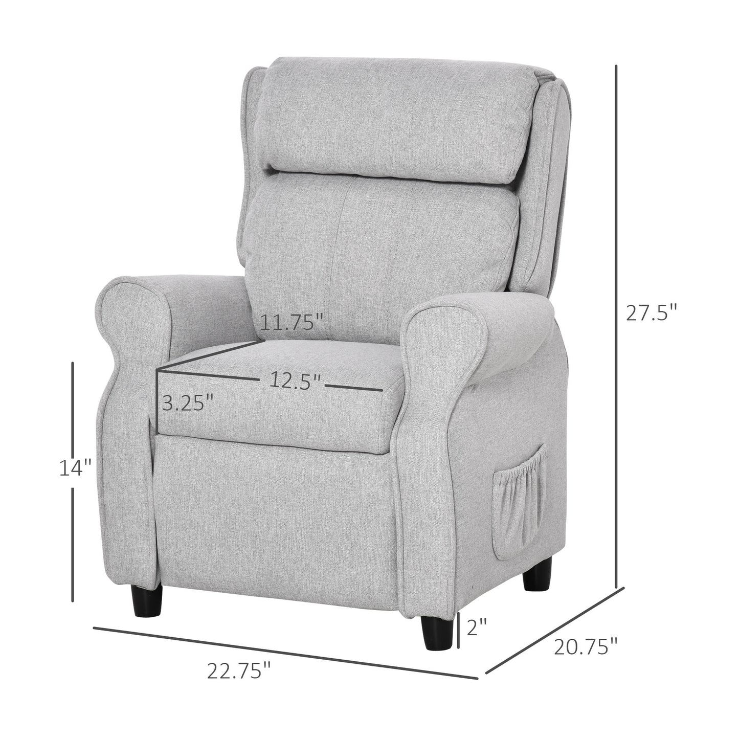 Light gray fabric recliner chair with plush cushioning and side pocket dimensions shown