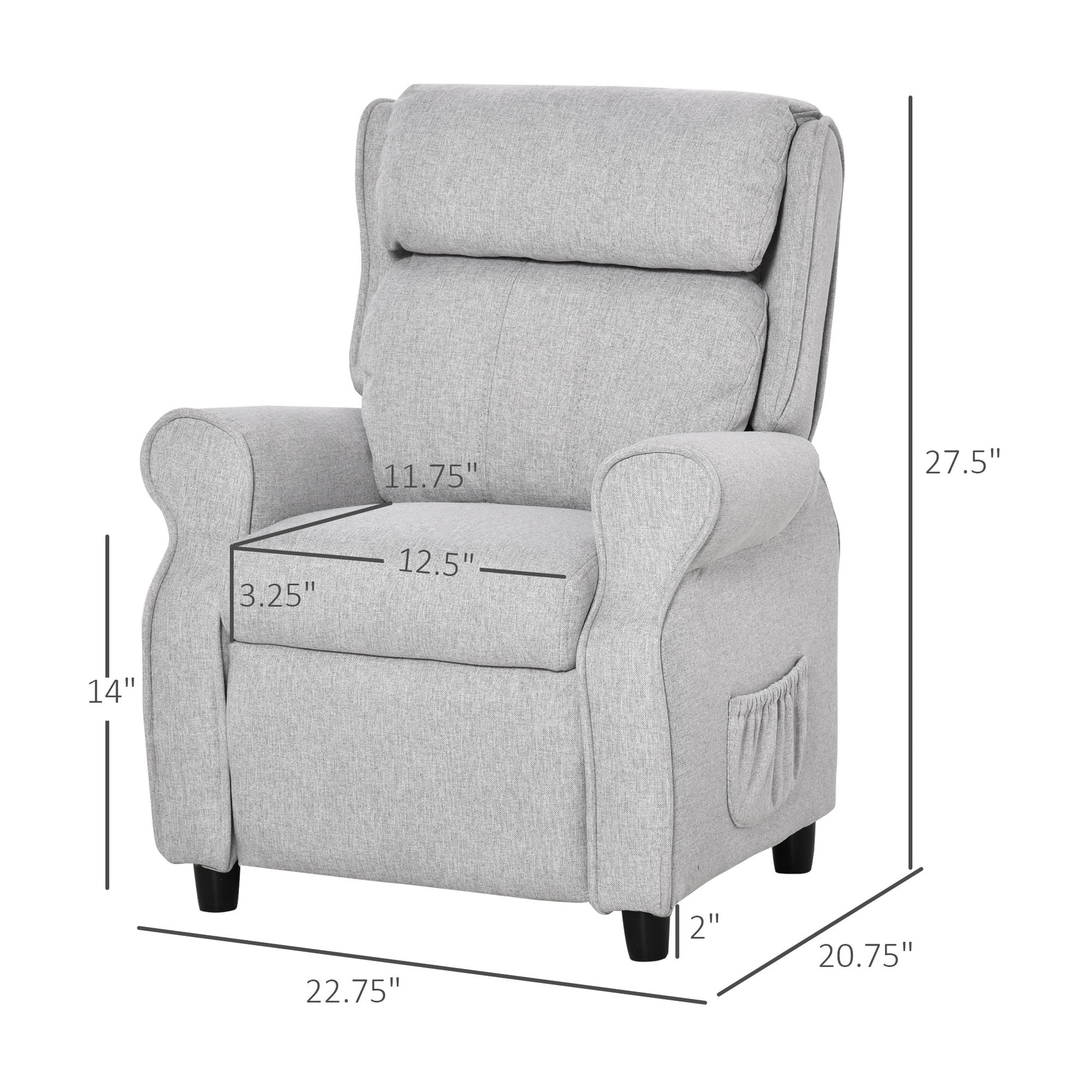 Light gray fabric recliner chair with plush cushioning and side pocket dimensions shown