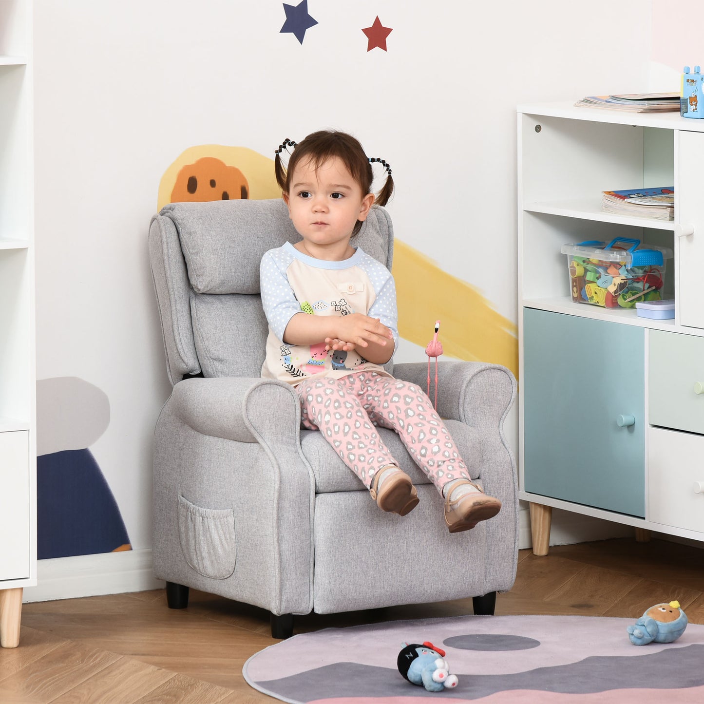 Comfortable gray fabric kids recliner chair with side pocket