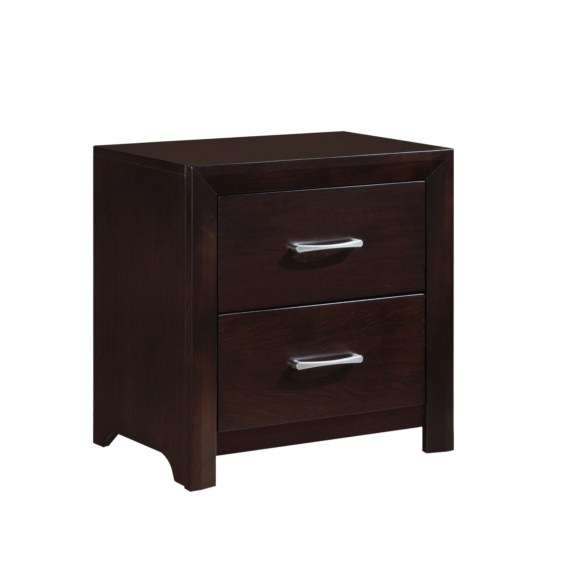 Dark brown wood nightstand with two silver pull drawers