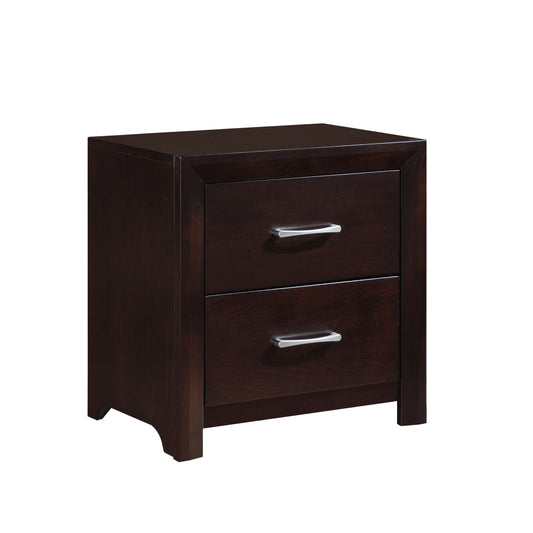 Dark brown wood nightstand with two silver pull drawers