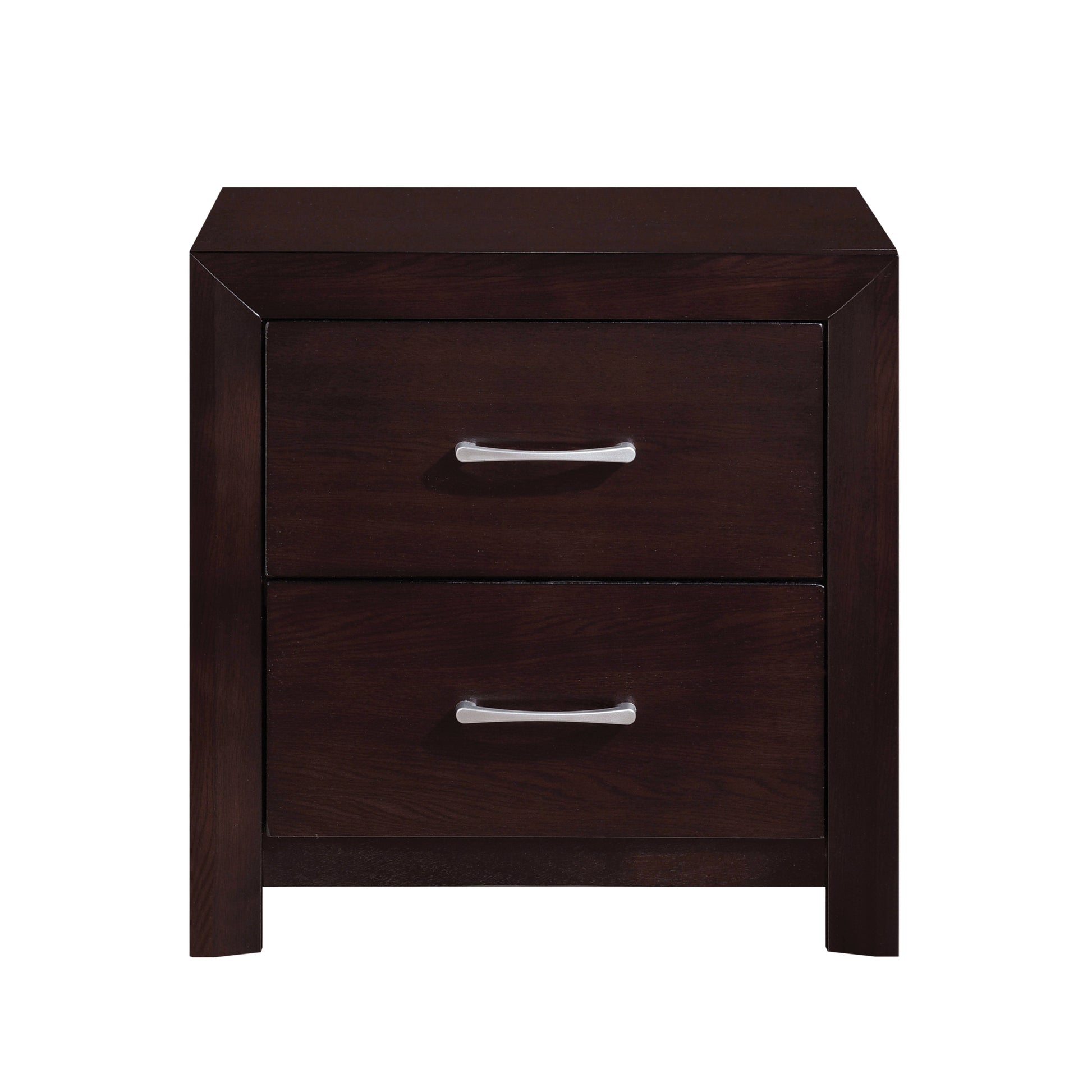 Dark wood contemporary nightstand with two silver pull drawers