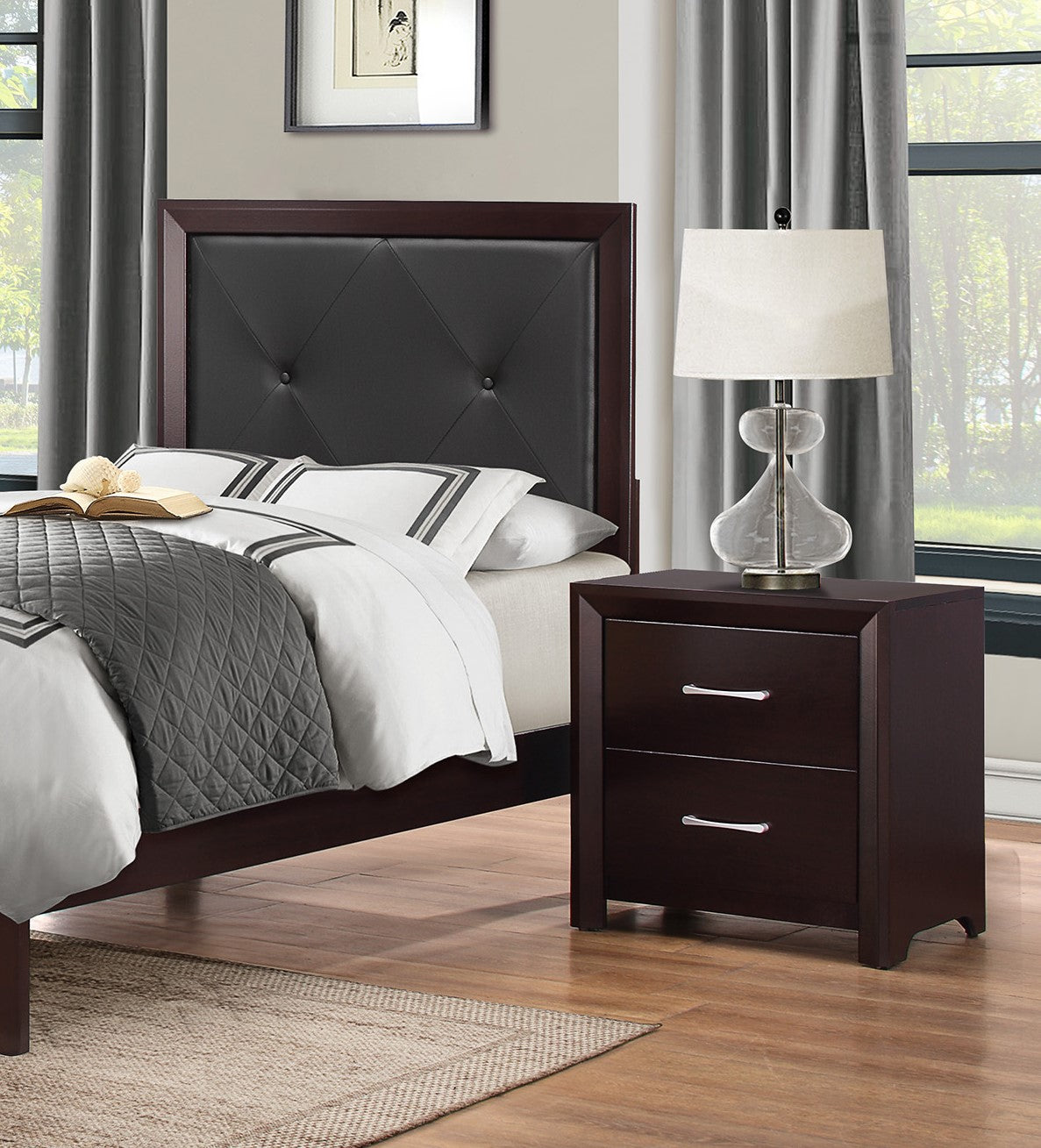 Dark wood nightstand with silver drawer pulls and beveled edges