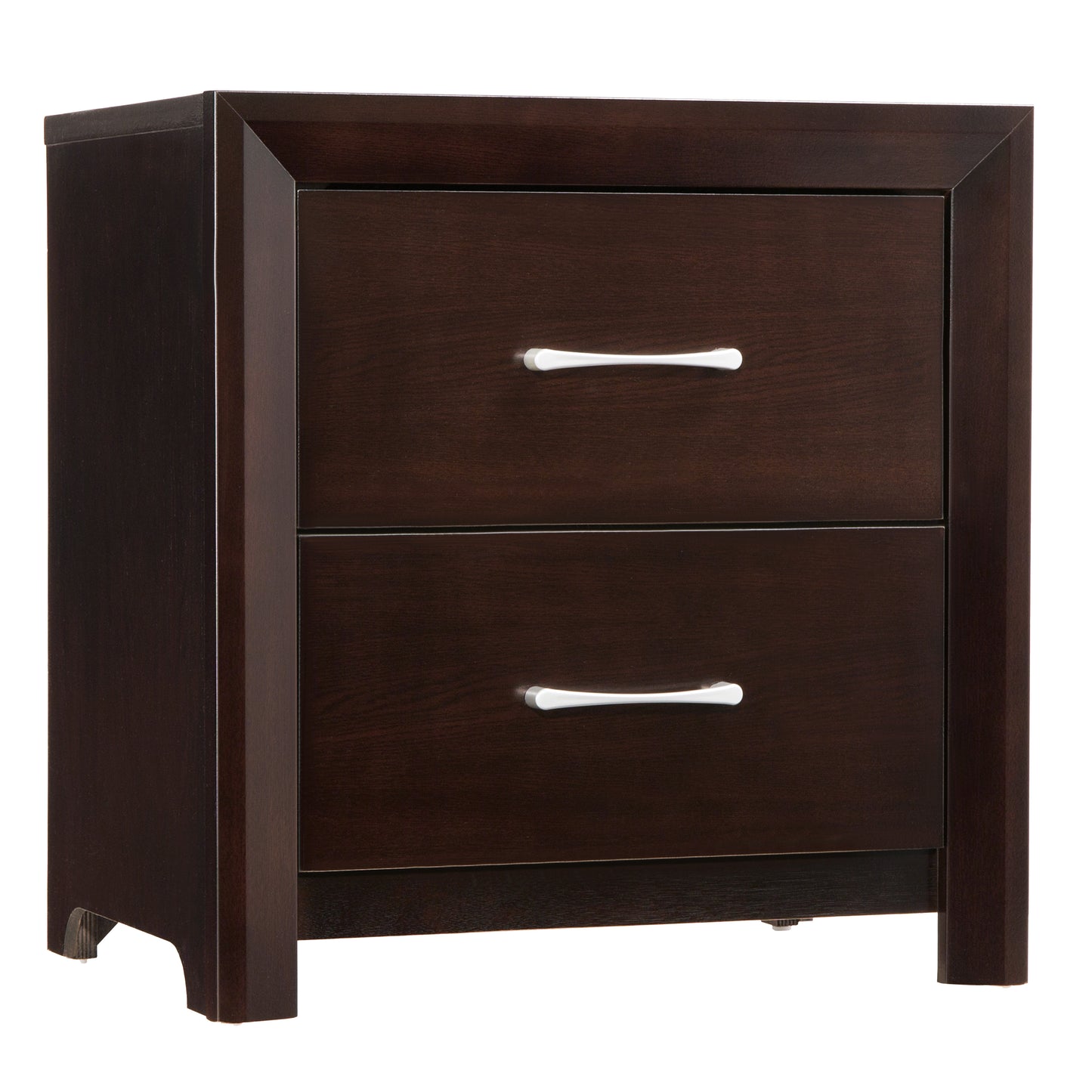 Dark brown wooden nightstand with two drawers and silver handles