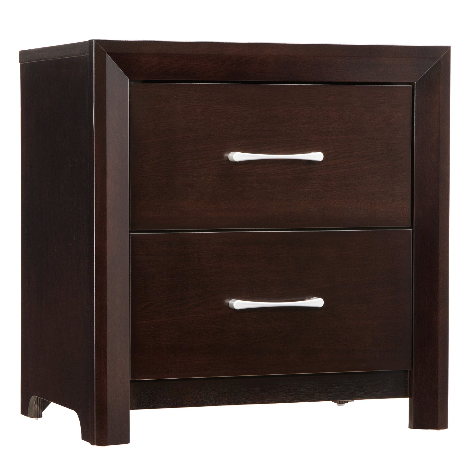 Dark brown wooden nightstand with two drawers and silver handles