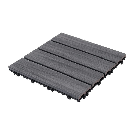 Closeup of four grey composite decking tiles with wood grain texture and interlocking base