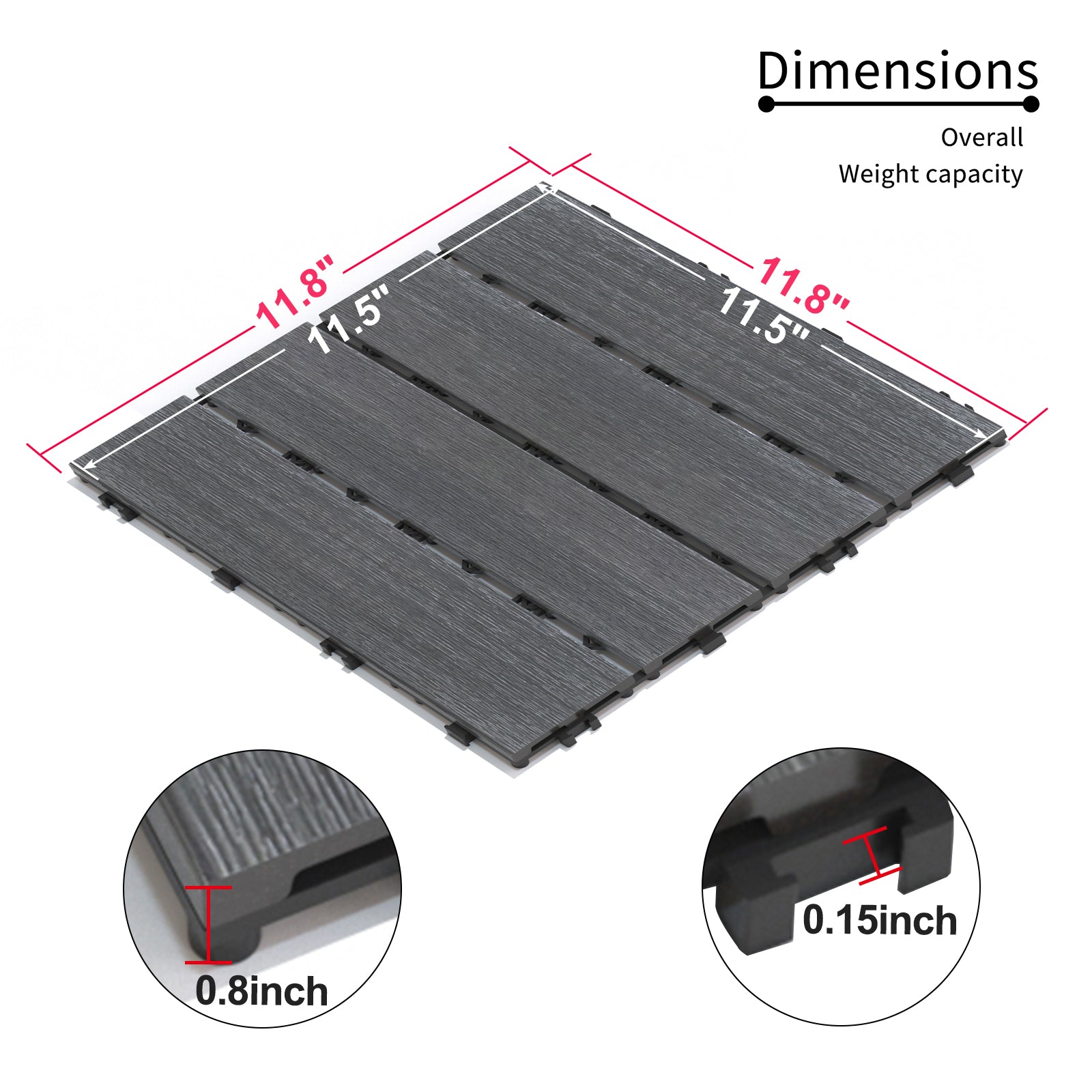 Dark grey interlocking deck tiles  x  dimensions shown for outdoor patios