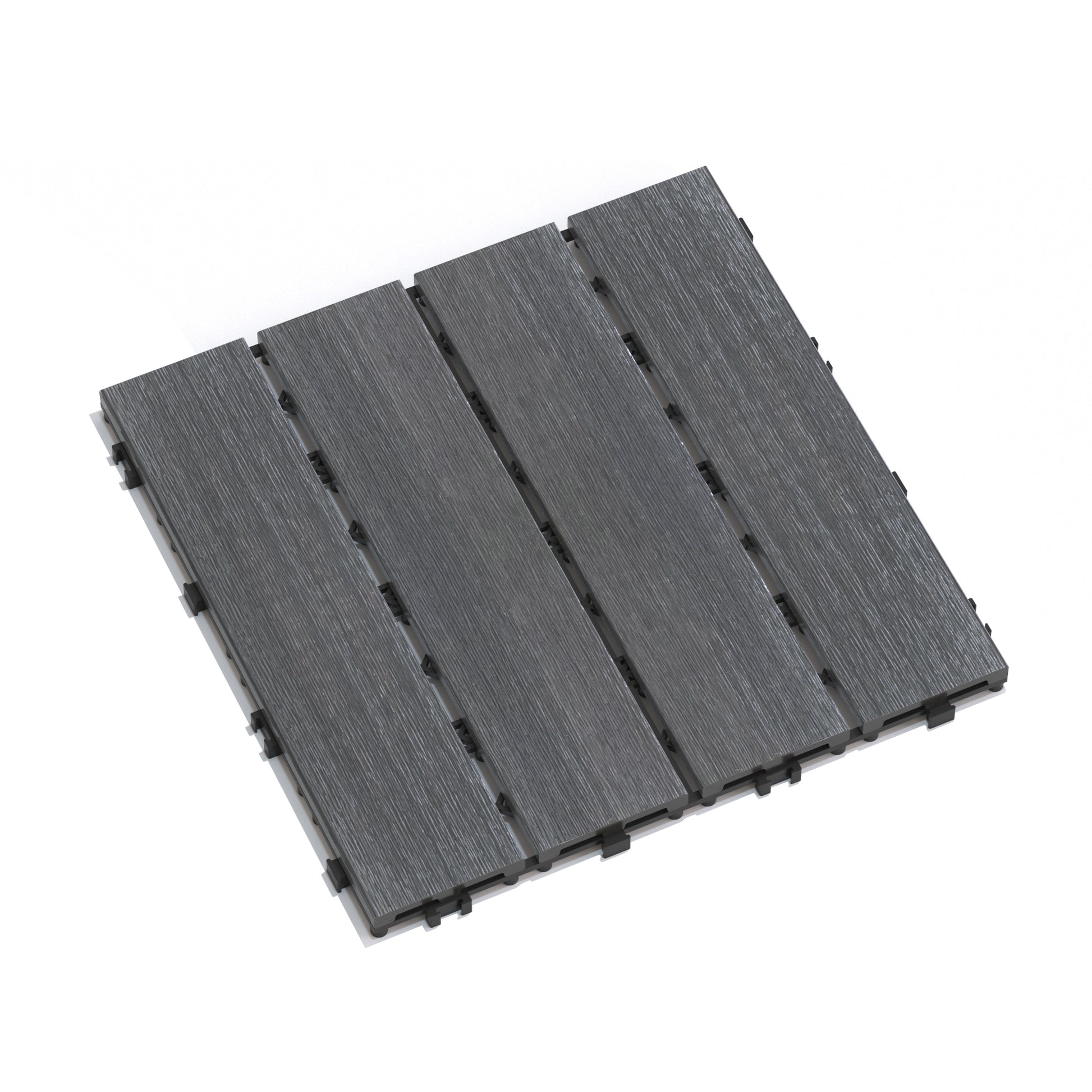Four dark grey interlocking composite decking tiles with wood grain texture