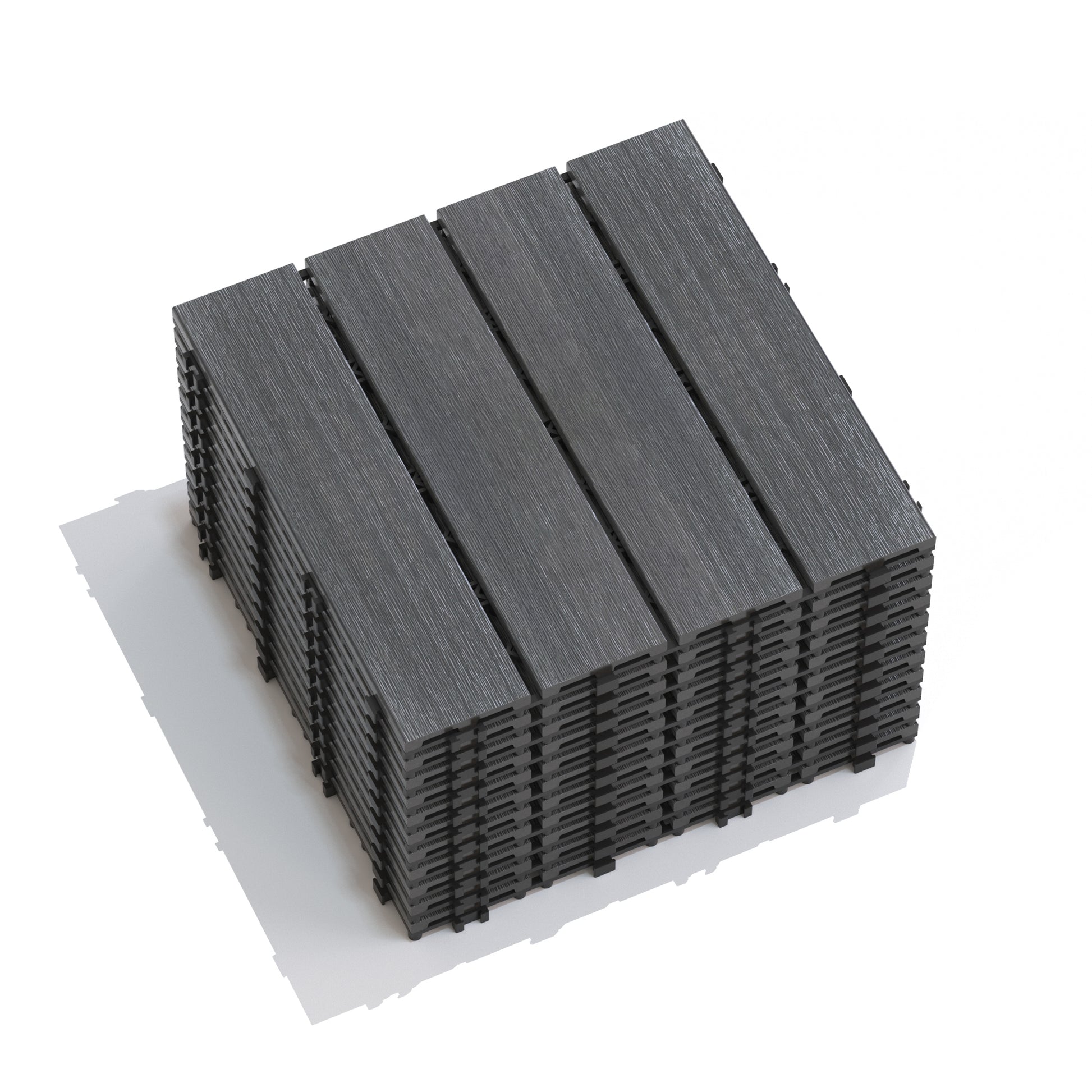 Stack of dark gray interlocking composite deck tiles with wood grain texture