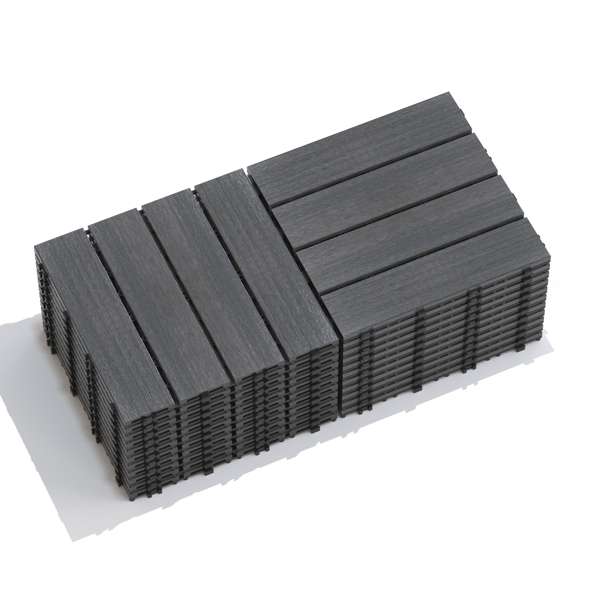 Stack of dark gray composite deck tiles with wood grain texture ideal for outdoor patios