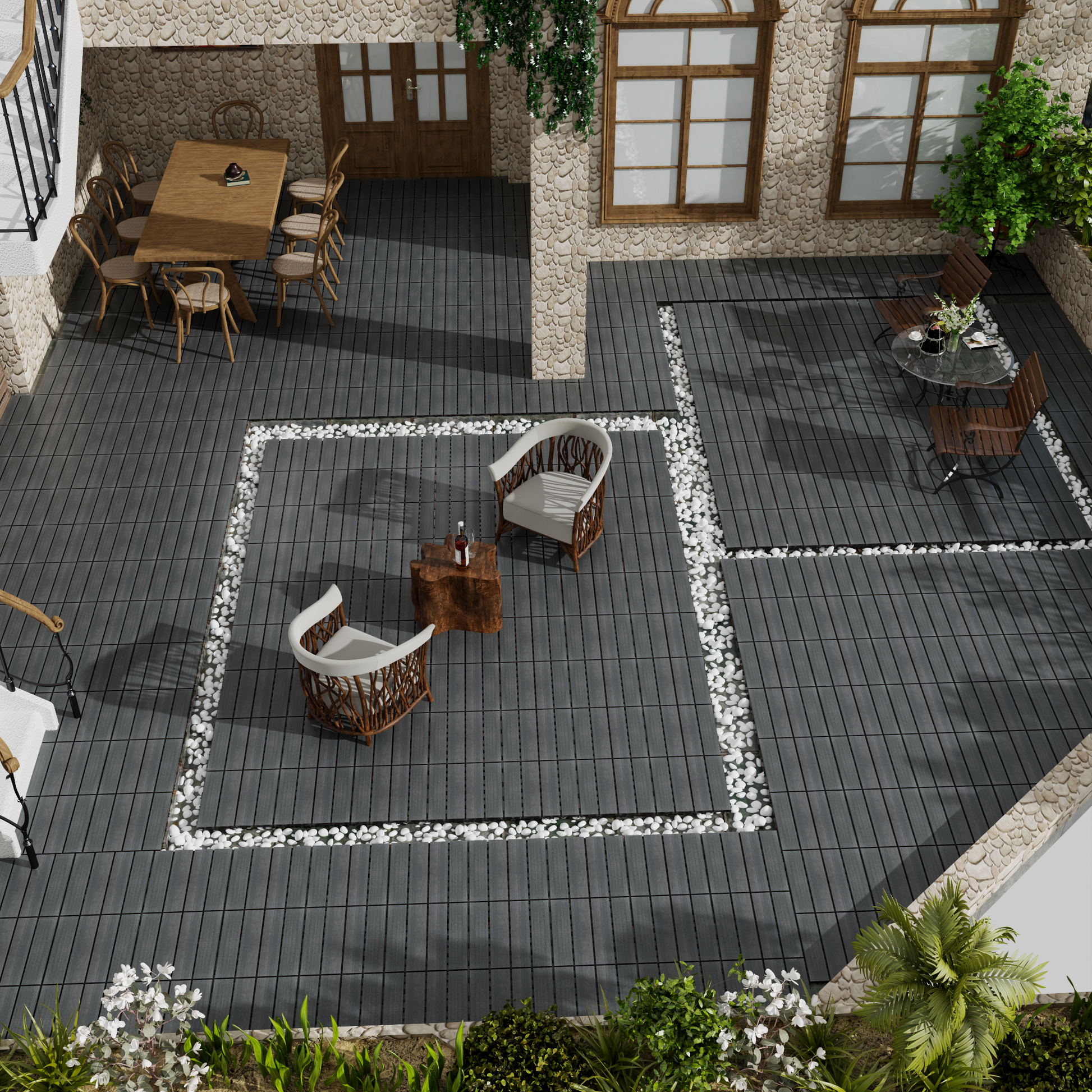 Outdoor dining set with a large wooden table and chairs on a dark grey patio deck