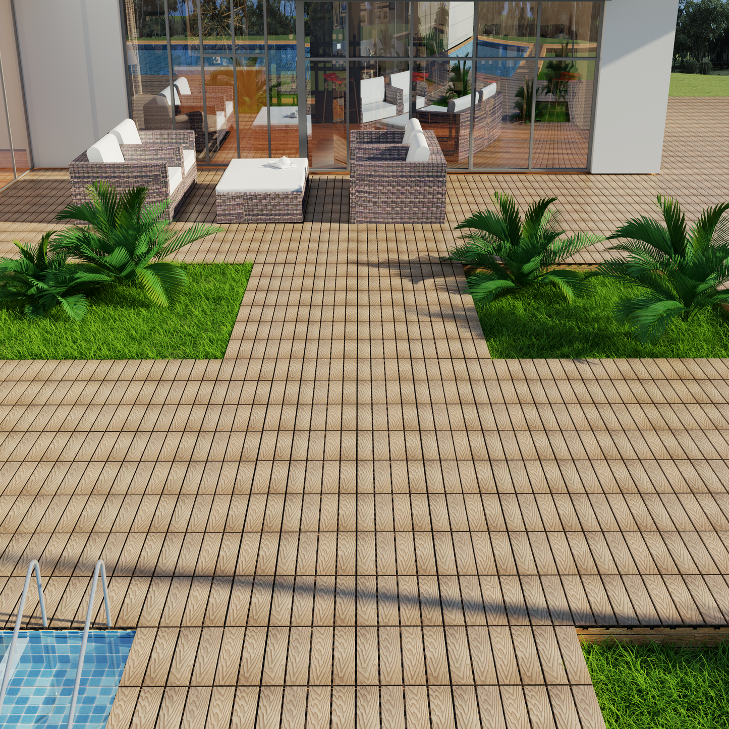 Woven rattan sofa set with white cushions on a modern wooden deck