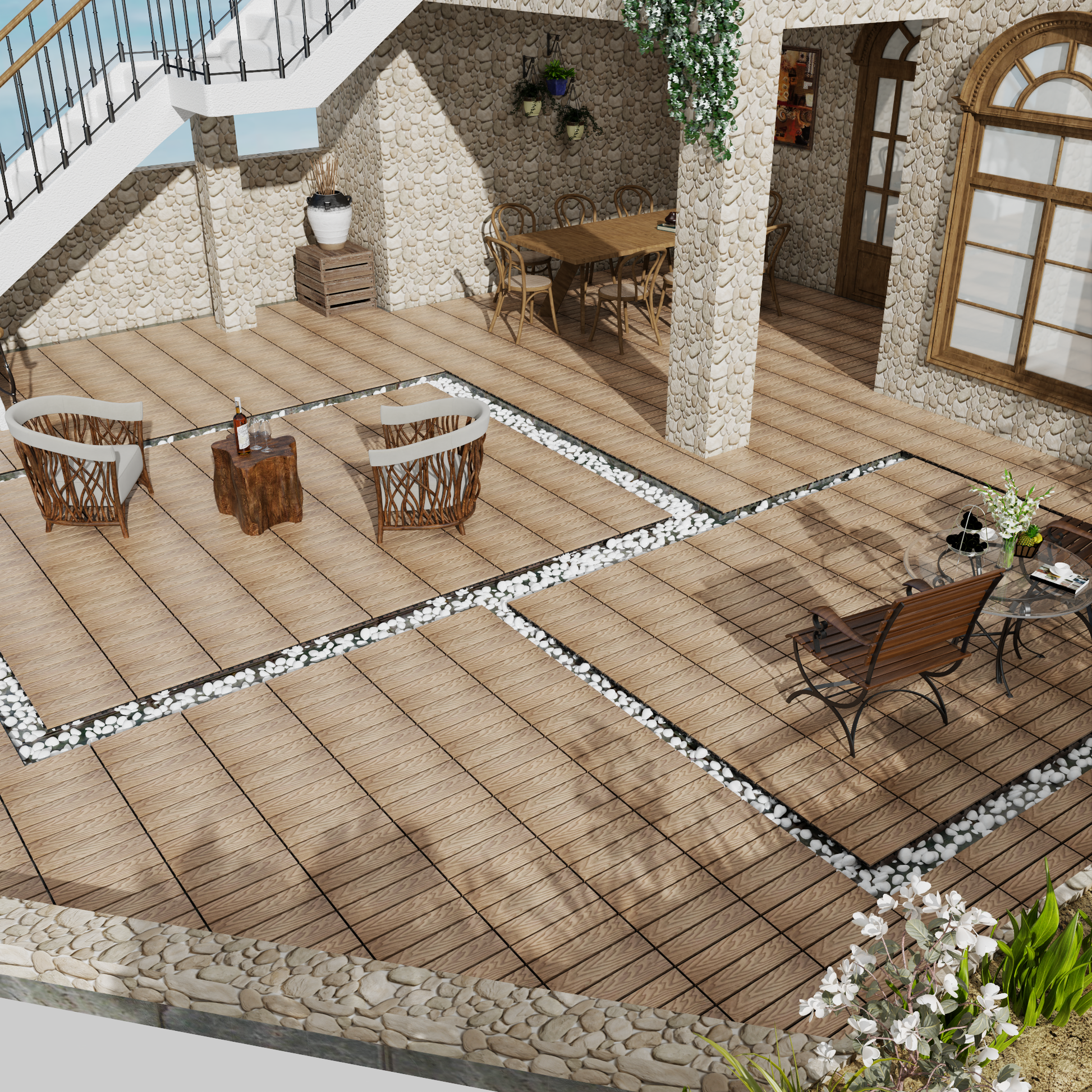 Elegant outdoor patio with woodlook tiles and white pebble accents