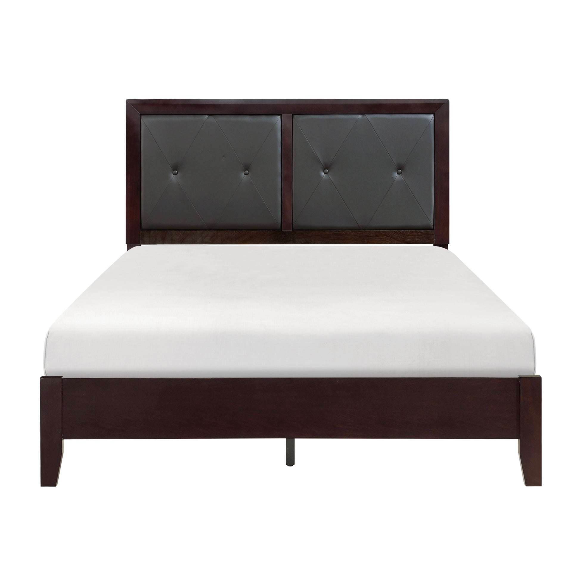 Dark wood platform bed frame with tufted gray upholstered headboard