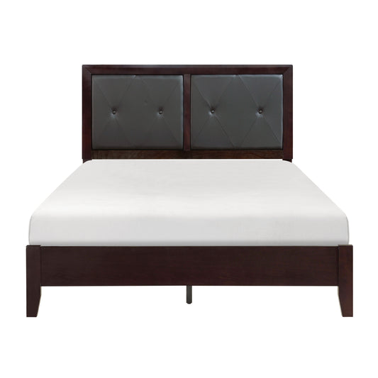 Dark wood platform bed frame with tufted gray upholstered headboard