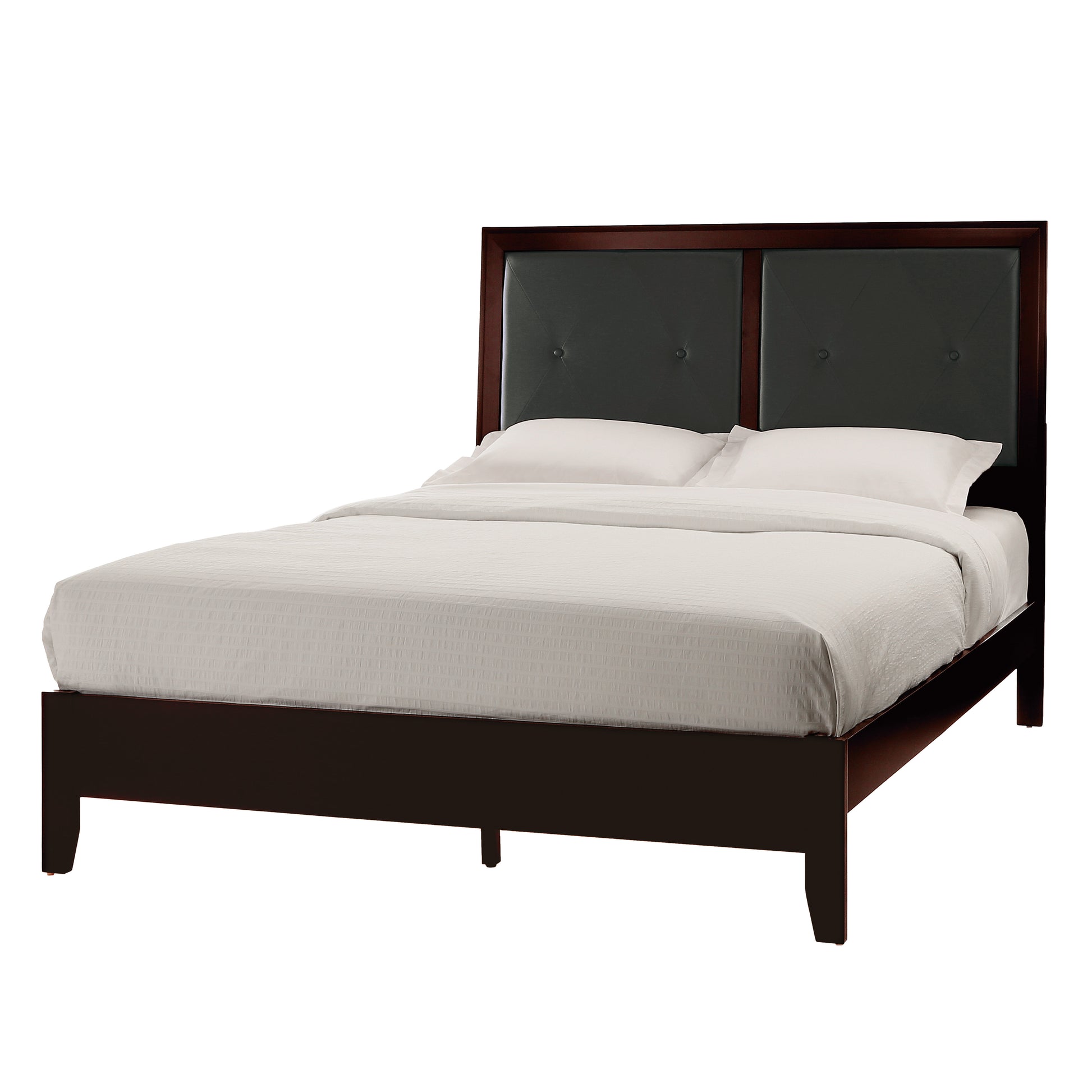 Dark wood platform bed frame with tufted dark grey leather headboard